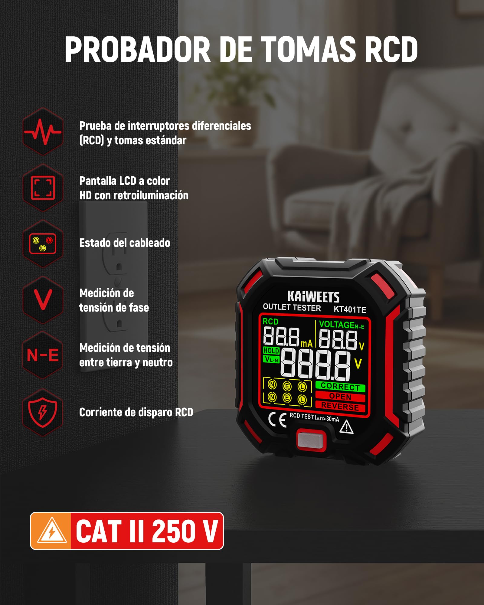 KAIWEETS Comprobador de enchufes con prueba de RCD y pantalla LCD de voltaje, indicador de tensión, 7 pruebas de cableado, medición de tensión de fuga, comprobador de enchufes 200-250 V, CAT II 300 V