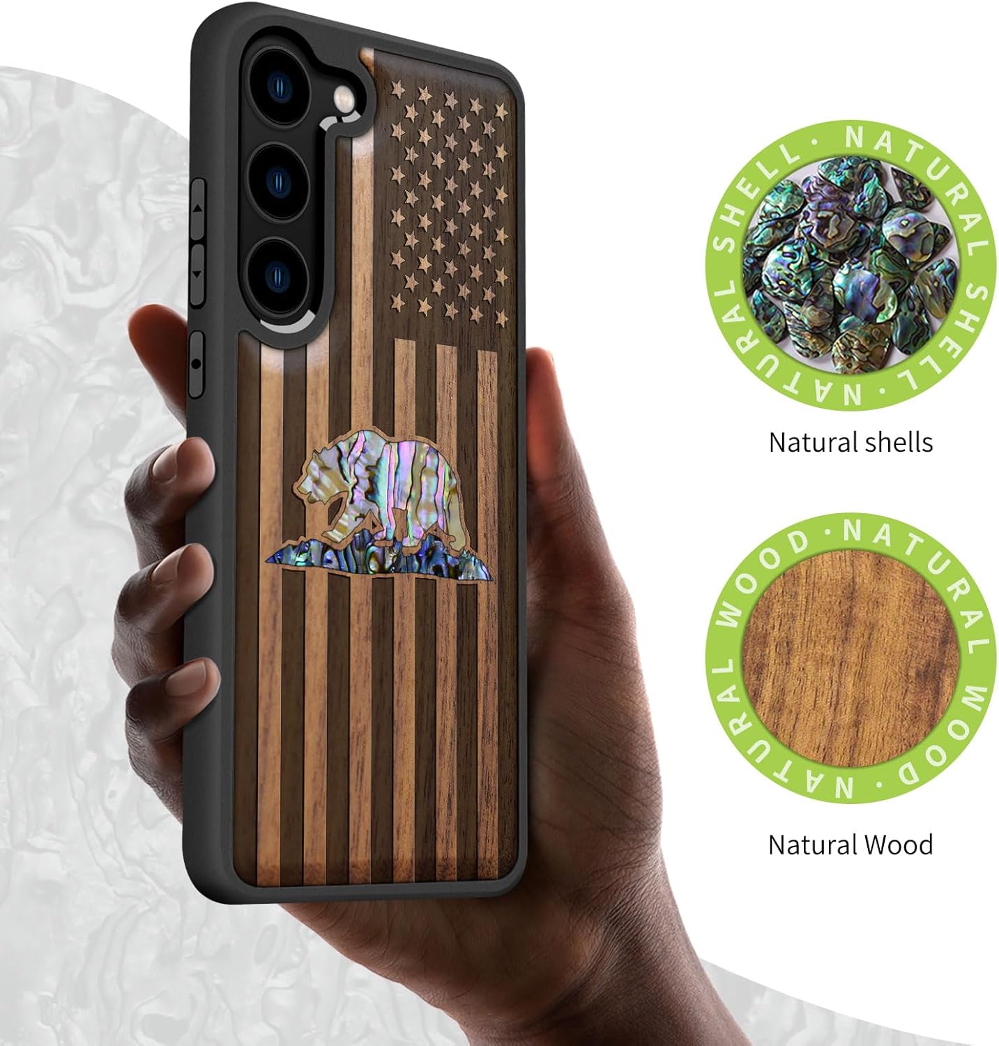 Carveit Designer Wooden Case for Samsung Galaxy S23 Plus Cover [Wood Engraving & Shell Inlay] Compatible with Wireless Chargers S23 Plus Case (American Flag, Bear-Walnut)