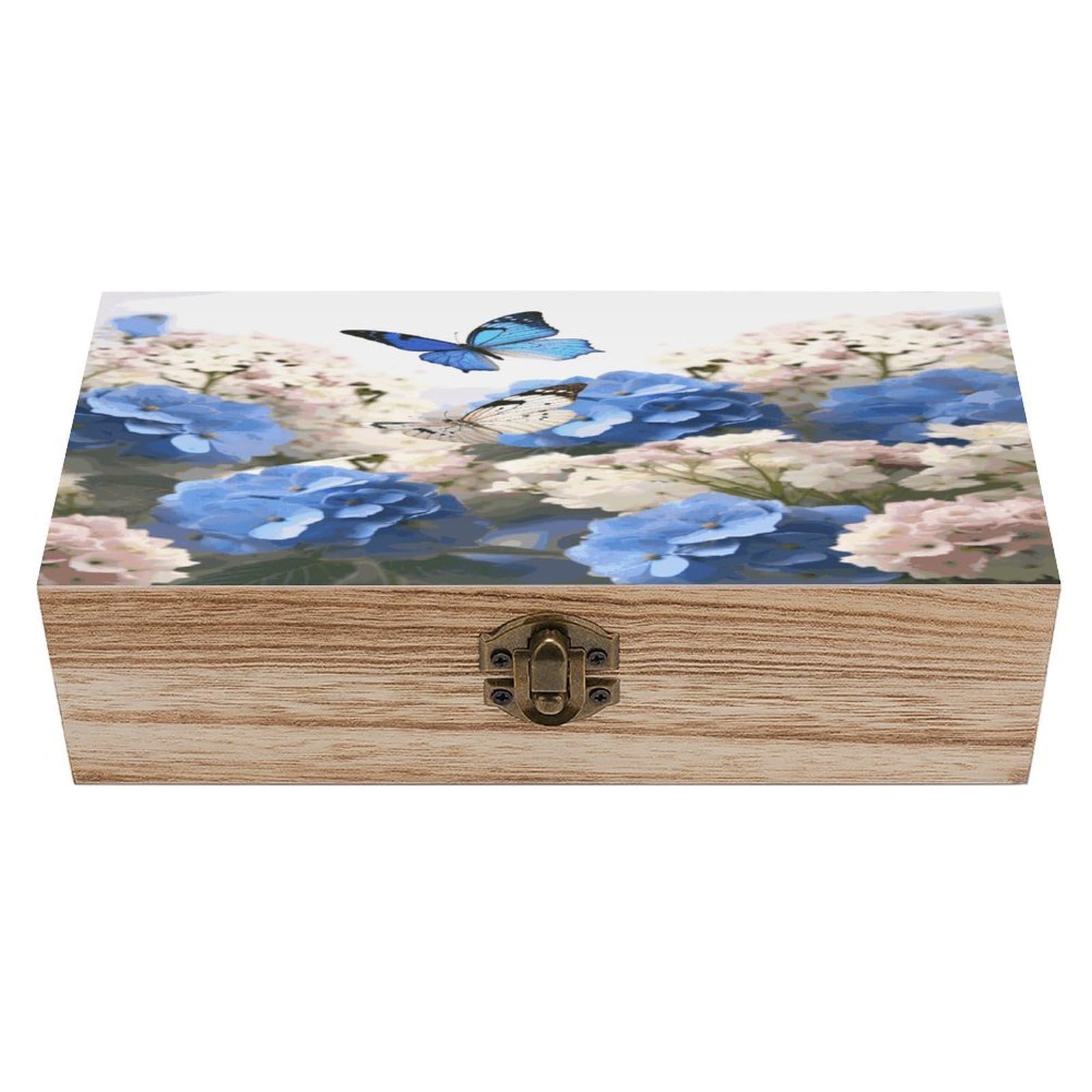 Btcowzrv Style Hydrangeas Daisies Butterflies Wooden Storage Box, Keepsake Box With Hinged And Retro Lock, Wood Jewelry Organizer For Photos & Mementos And Home Decor