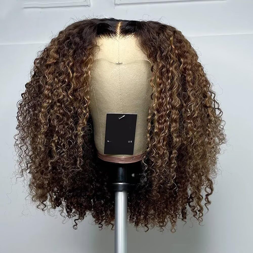 Ombre Brown Colored Afro Kinky Curly Human Hair Wig Transparent 13X4 HD Invisible Lace Front Glueless Short Bob Afro Curly Human Hair Wig Pre Plucked Brazilian Virgin Bleachedn Knots Wig 180 Density