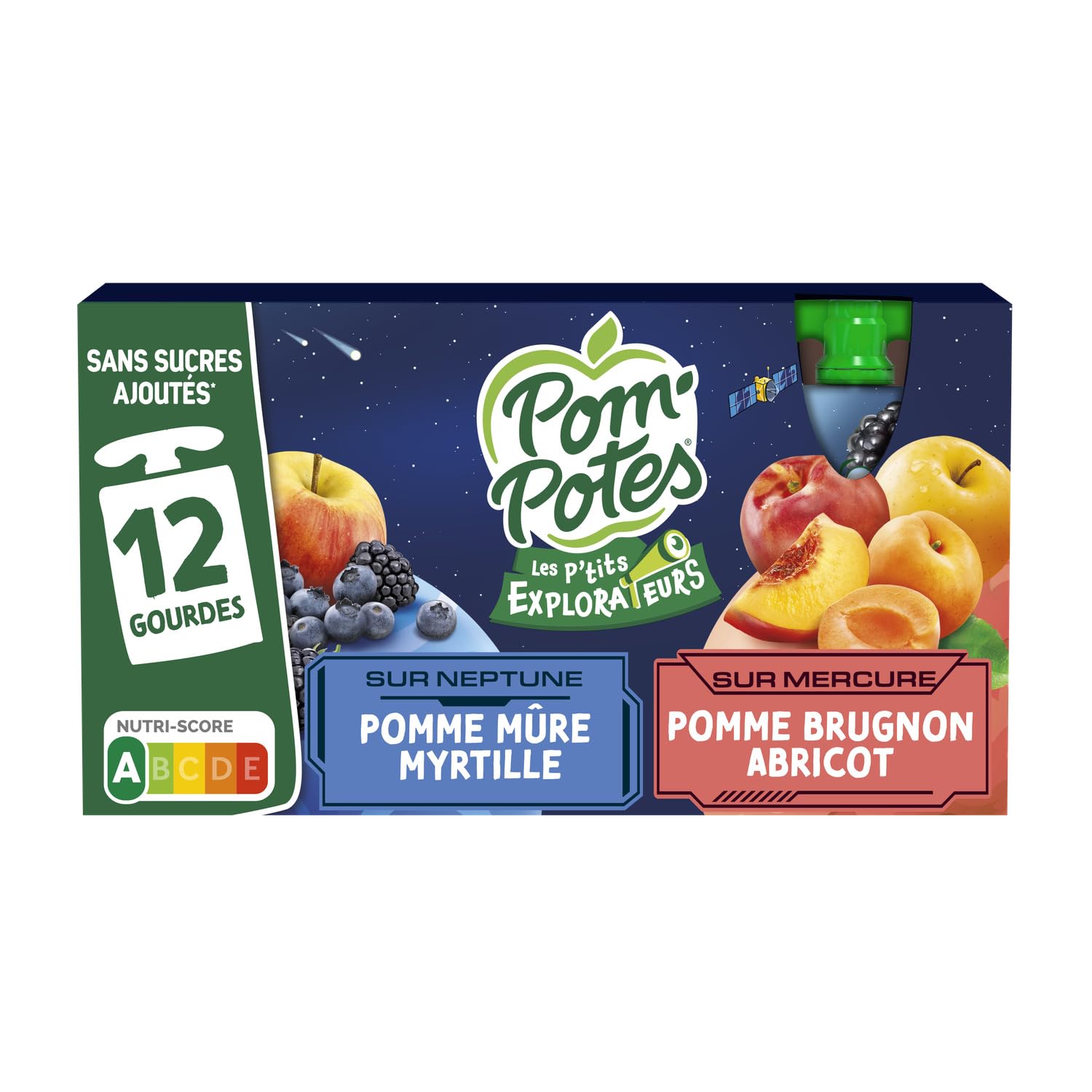 POM'POTES – Compotes Sans Sucres Ajoutés, Saveurs Pomme Myrtille & Brugnon Abricot (12x90g) - Le Lot De 3