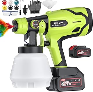JiGiU Elektro Lackierpistole 300W HVLP Farbspritzgerät mit 21V Akku Spritzpistole 1000ML Behälter 3 Spritzmuster 6 Düsen Farbsprühsystem für DIY Wände Zäune Schränke (1* 3000mAh Batterie & Ladegerät)