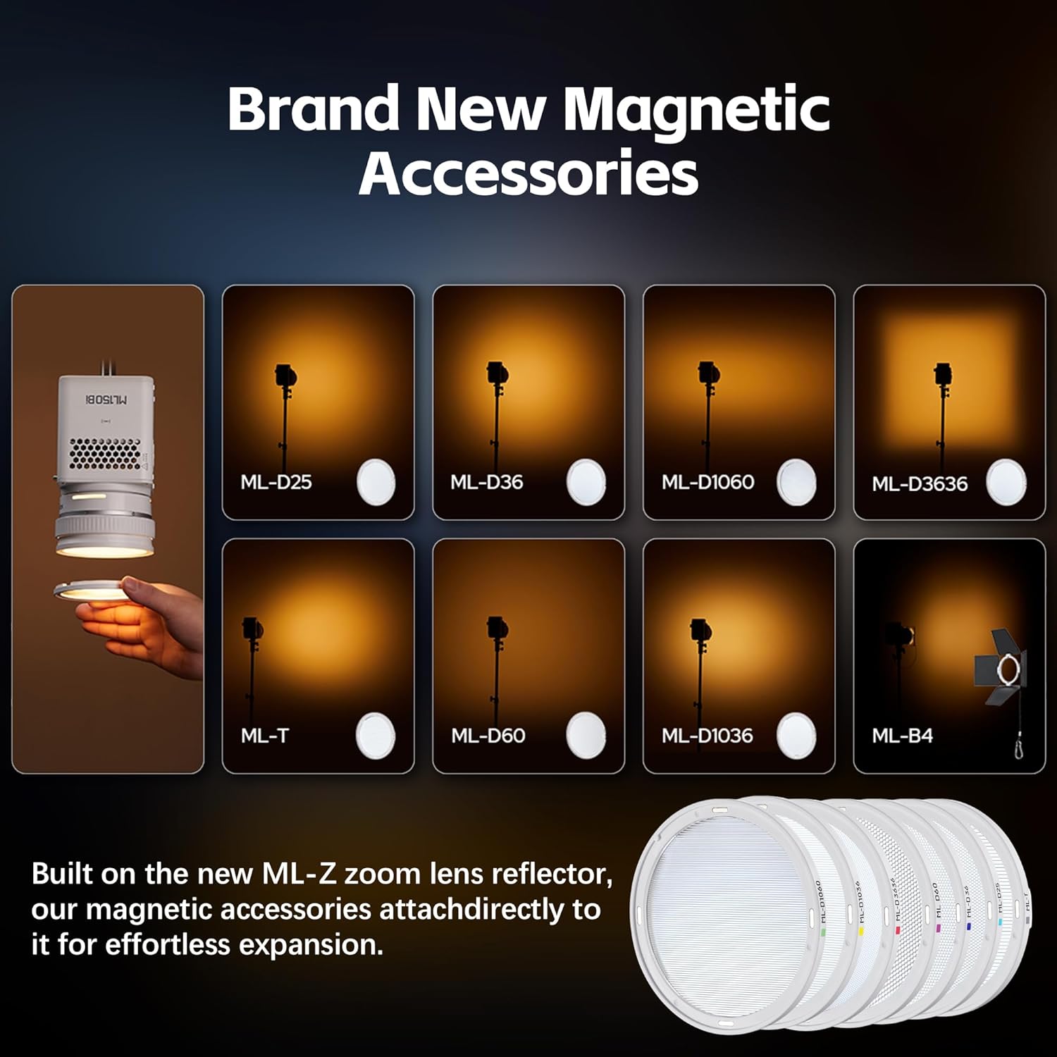 Image showing the ML80Bi with various magnetic accessories and diffusers