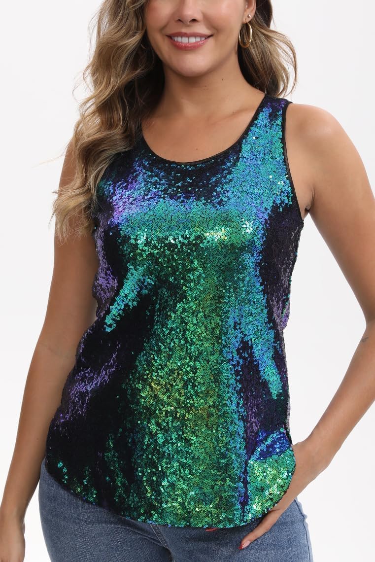 HENLY Women's Sequin Tops Sleeveless Sparkle Sequin Tank Top Shimmer Vest Glitter Camisole - Image 3