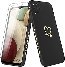 Vauki Coque pour Samsung Galaxy A12/M12/A12 Nacho avec 2 Verre Trempé, Etui Fille avec Or Motif Coeur Souple TPU Silicone Antichoc Anti-Rayures Housse Compatible avec Samsung A12/M12/A12 Nacho, Noir