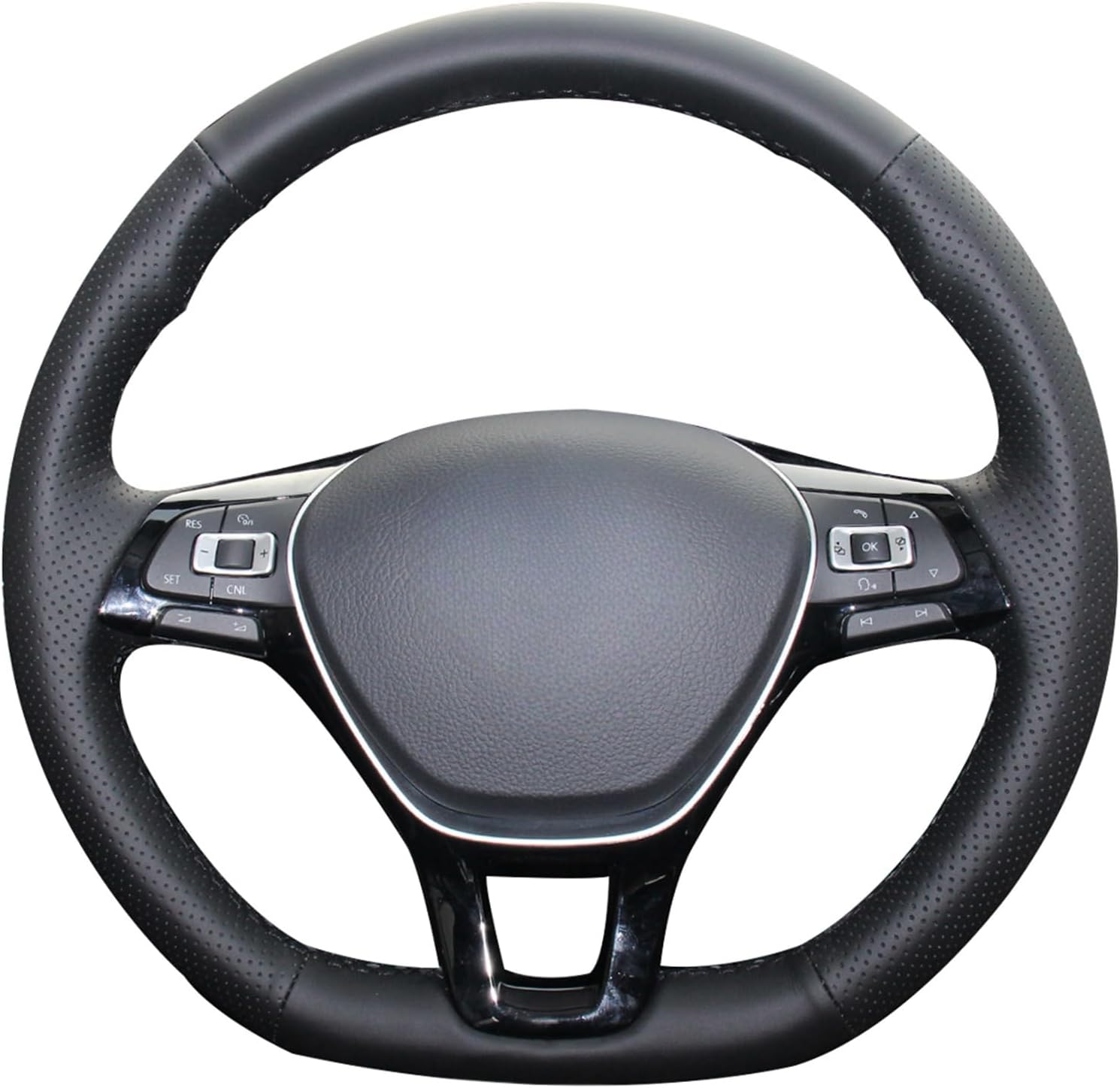 MEWANT Breathable Hand Sewing Black Genuine Leather Car Steering Wheel Cover for Volkswagen VW Golf 7 Mk7 New Polo Jetta Passat B8 Tiguan Sharan Touran Up(Leather Steering Wheel Without Shift Paddles)