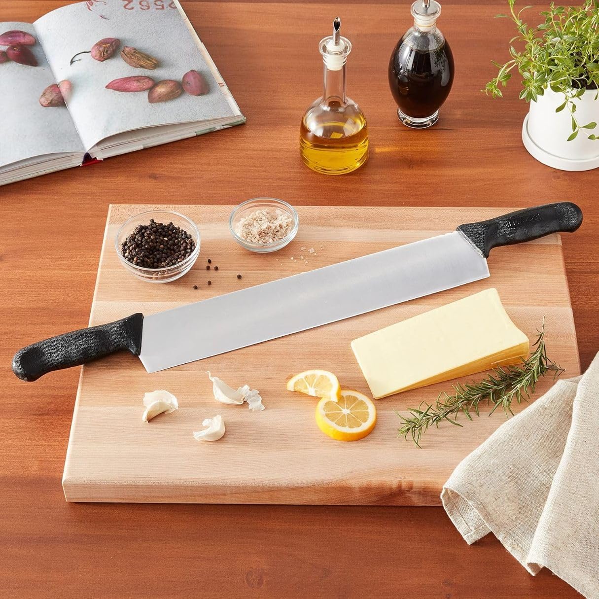 Soro Essentials- 15" Stainless Steel Double Handle Cheese Knife with Black Plastic Handles- Ideal for Charcuterie Cheese Knife for Cheese Cakes Vegetables Butter