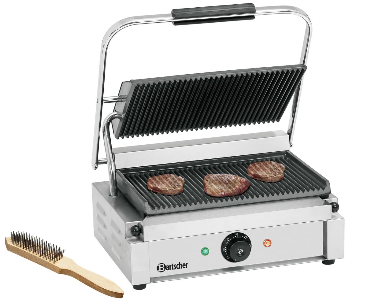Bartscher Kontaktgrill Panini 1R – gerillte Gussplatten emailliert, 2,2 kW, Edelstahlgehäuse, für Gastronomie, mit Reinigungsbürste, silbergrau