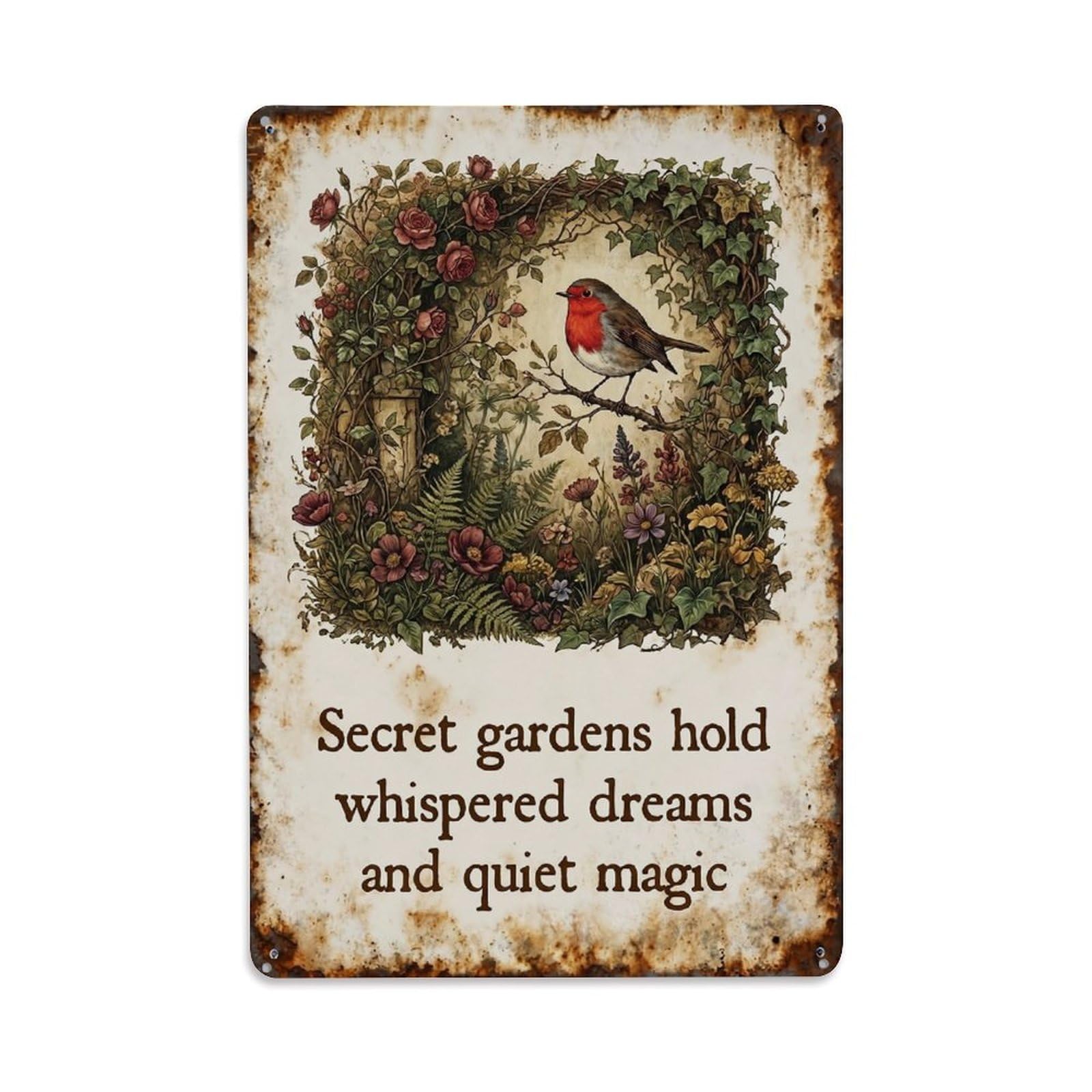Yrnq Vintage Style-29 Robin Bird Garden Quote Secret Garden Vintage Metal Tin Sign Plaque Wall Decor For Cafe, Club, Round Metal Poster 8X8inch
