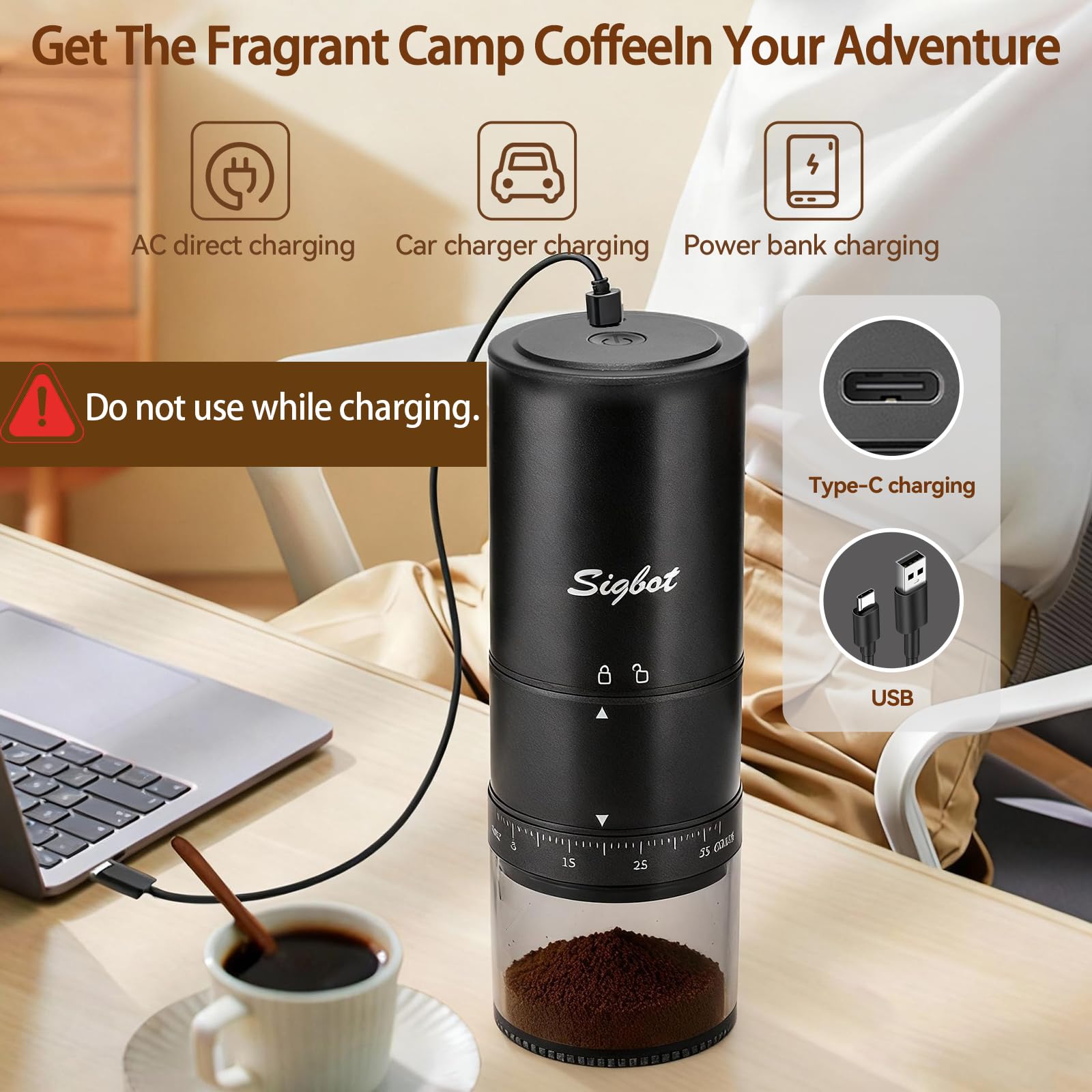 SIGBOT Elektrische Kaffeemühle Kegelmahlwerk - 38 Externe Mahlstufen, Wiederaufladbare Kaffeemühlen mit Edelstahlkern, Kompakte Kaffee-Mühle, Tragbar für Camping & Reise, Klein, 570g
