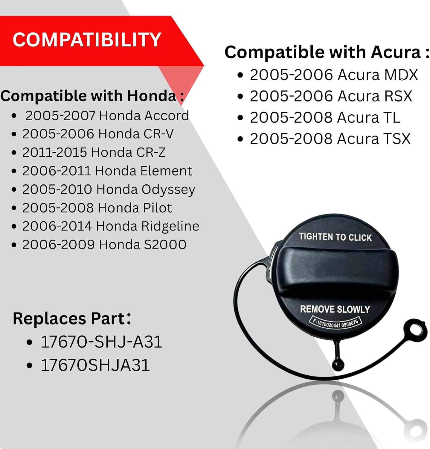2Pcs Gas Cap,Fuel Cap Fits for Honda 05-07 Accord 2005-2006 CRV 2011-2014 CR-Z 2005-2010 Odyssey 2006-2011 Element 2005-2008 Pilot 2006-2009 S2000 Ridgeline, for Acura MDX RSX TL TSX, 17670-SHJ-A31