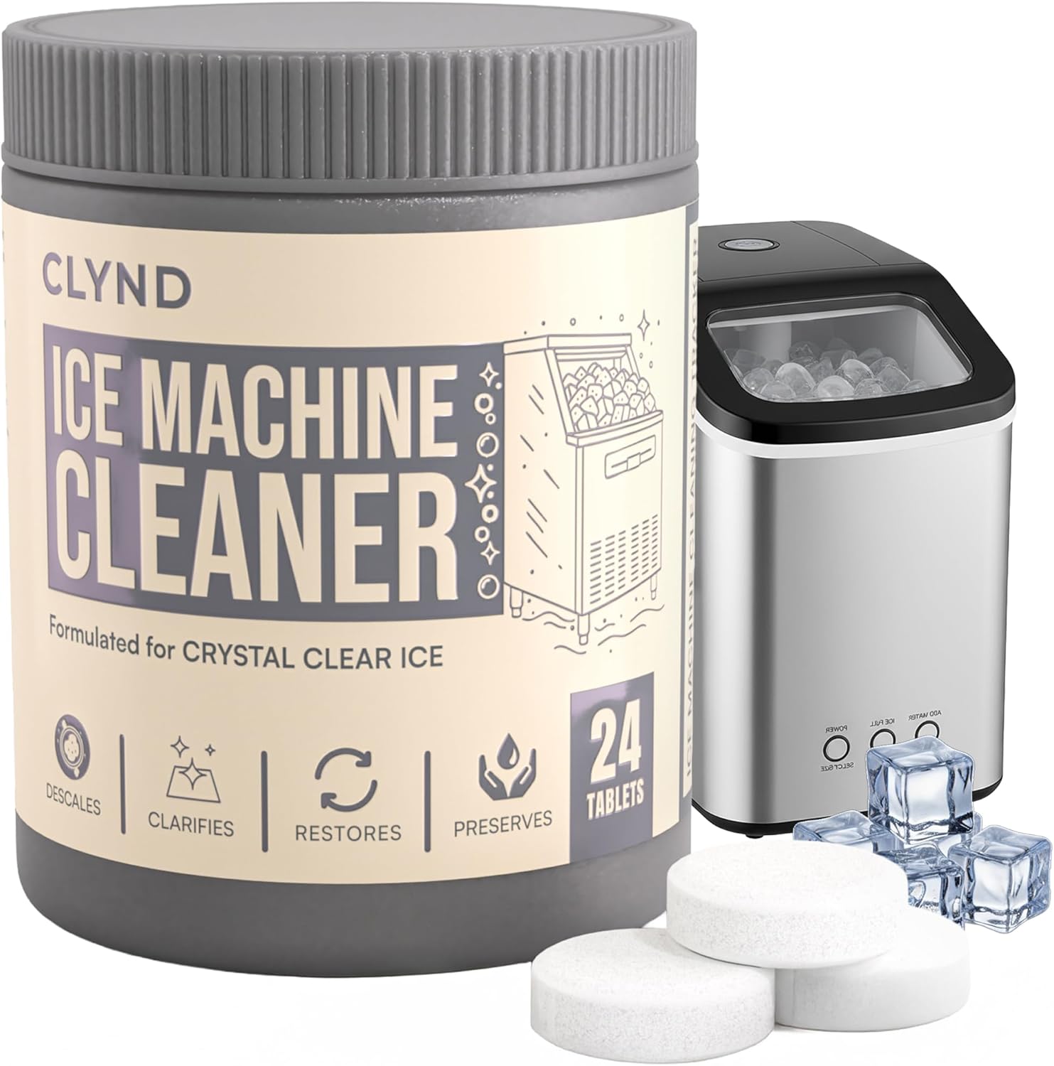 Nickel Safe Ice Machine Cleaner and Descaler 24-Pack Countertop Ice Maker Cleaner Tablets – No Residue, Unscented, Non-Corrosive Formula for Commercial, Nugget, and Home Machines