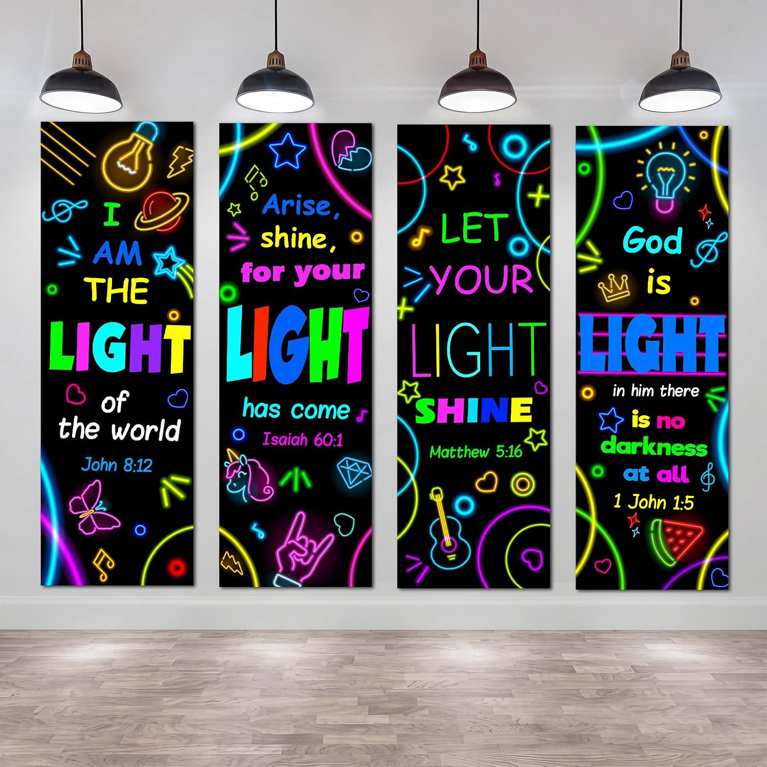 Tudomro 4 Pack VBS Bible Verse Banner Set Welcome to School Decor 24x73 Inch Neon Light Christian Scripture Backdrop Banners for Sunday School VBS Church Party Religious Gifts Home Wall Decor