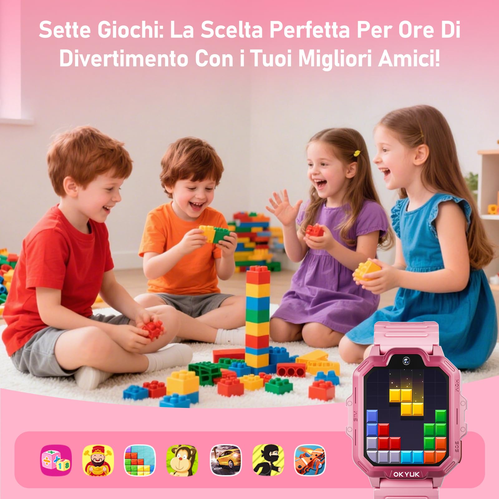 OKYUK T17 smartwatch bambini, 4G orologio bambino, GPS per bambini, SOS, chat vocale, SMS, modalità scuola, giochi e stazione di ricarica Panda, orologio per ragazze e ragazzi（Rosa）