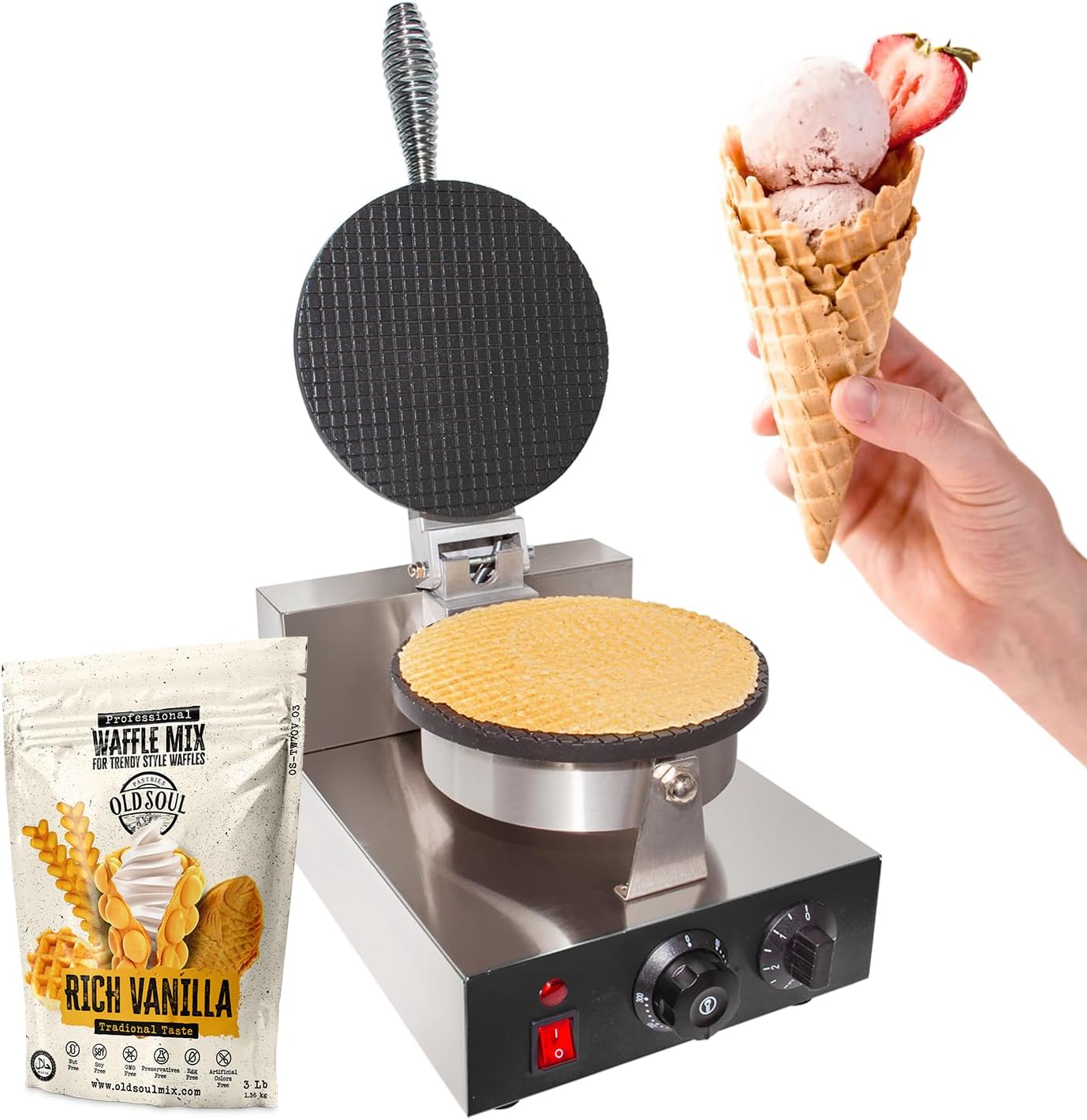 ALDKitchen Waffle Cone Maker | Waffle Cones for Ice Cream | Stainless Steel Waffle Iron | Single & Double | Nonstick | 110V (single)