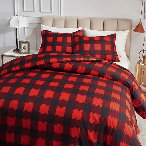 Miniatura 5 de Joyreap Juego de edredón de 3 piezas, diseño de cuadros rojos y negros, edredón de microfibra suave para todas las estaciones (matrimonialQueen, 88
