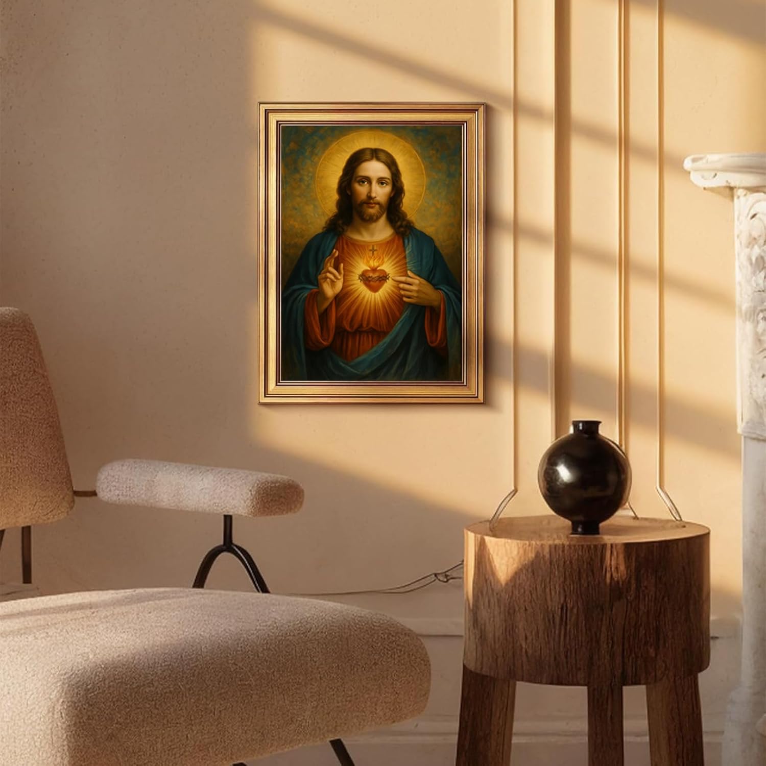 Vintage Gold Framed Wall Art 12x16 Inch Sacred Heart of Jesus Paintings Pictures Wall Decor Christian Canvas Poster Printing Artwork for Living Room Bedroom Prayer Room Home Decoration Ready to Hang