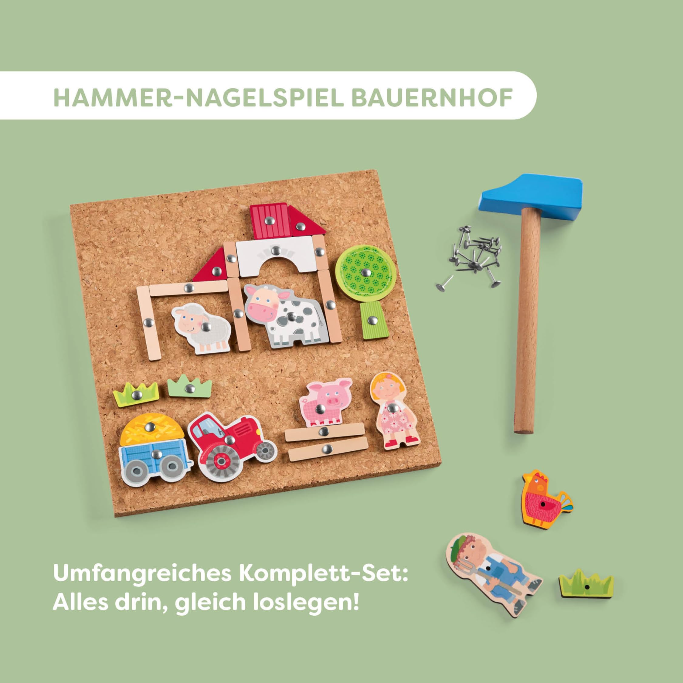 HABA Hammer-Nagelspiel: Bauernhof – Holzspielzeug mit Hammer und Nägel für Kinder ab 3 Jahren – Kreativspielzeug mit Korkplatte & Vorlagen – 2013378001