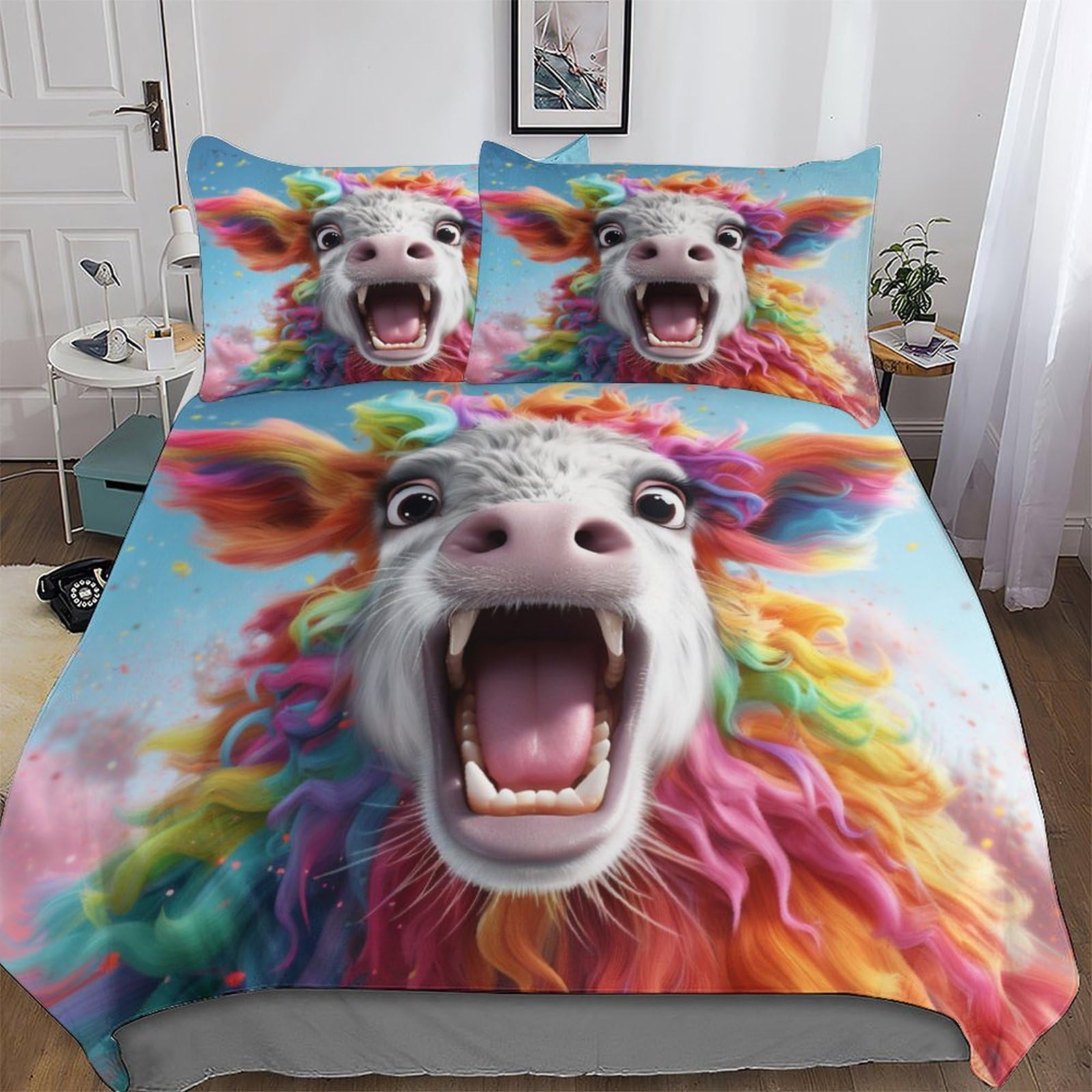 Parure de lit vache 3D avec housse de couette 220x240 et taies microfibre