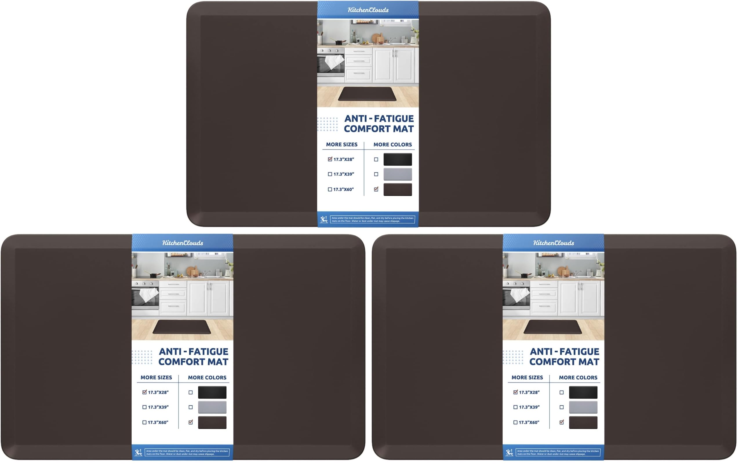 KitchenClouds Kitchen Mat Cushioned Anti Fatigue Rug 17.3"x28" Water Resistant Non Slip Standing Desk Mat Comfort Floor Mats for Kitchen House Sink Office (Chocolate) (Pack of 3)