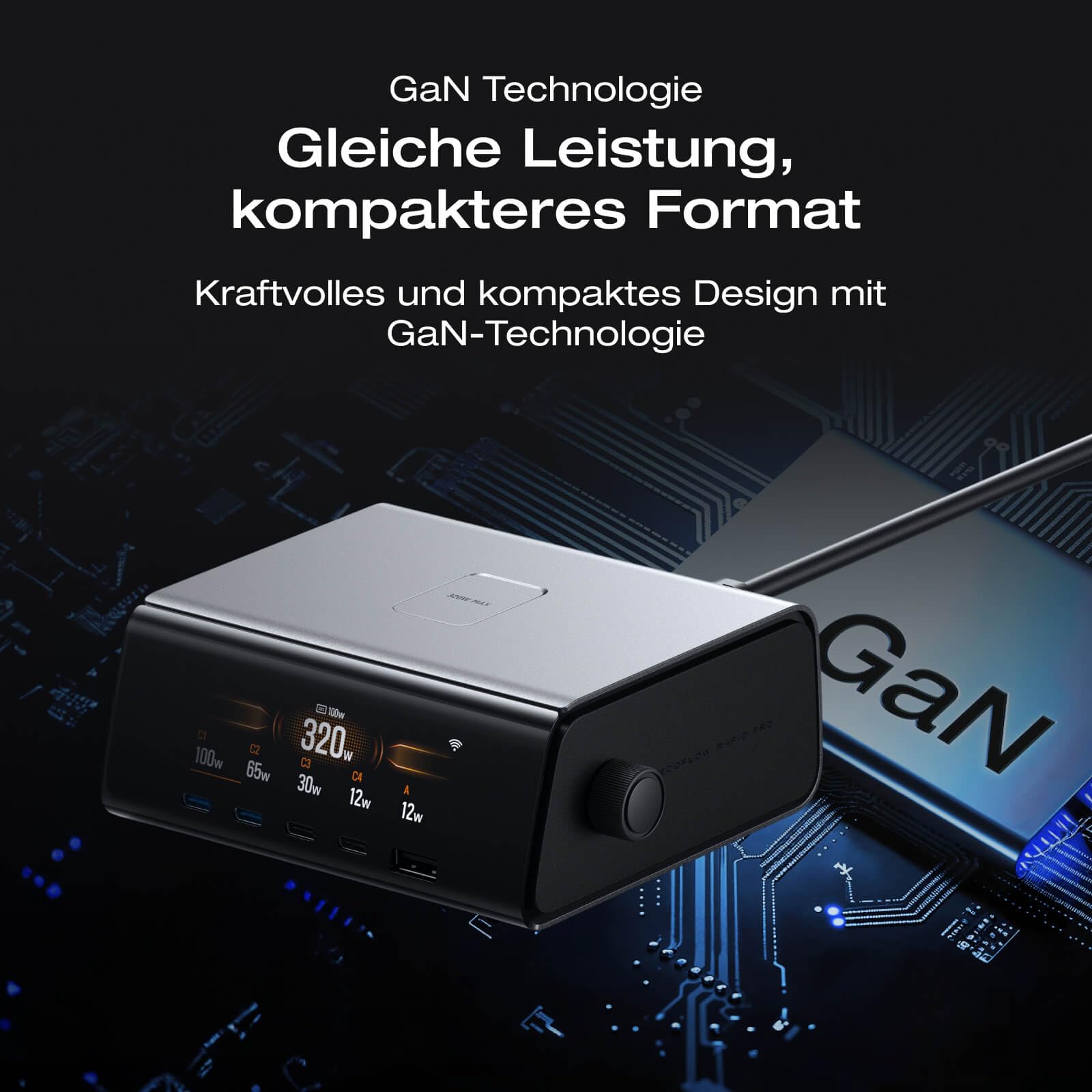 EF EcoFlow RAPID Pro Ladegerät 320W Max., 5 Anschüusse, GaN Ladestation für 6 Geräte, Pogo-Pin für EcoFlow RAPID Pro Powerbank, Desktop-Ladegerät kompatibel mit iPhone 16/15, Samsung, MacBook und mehr