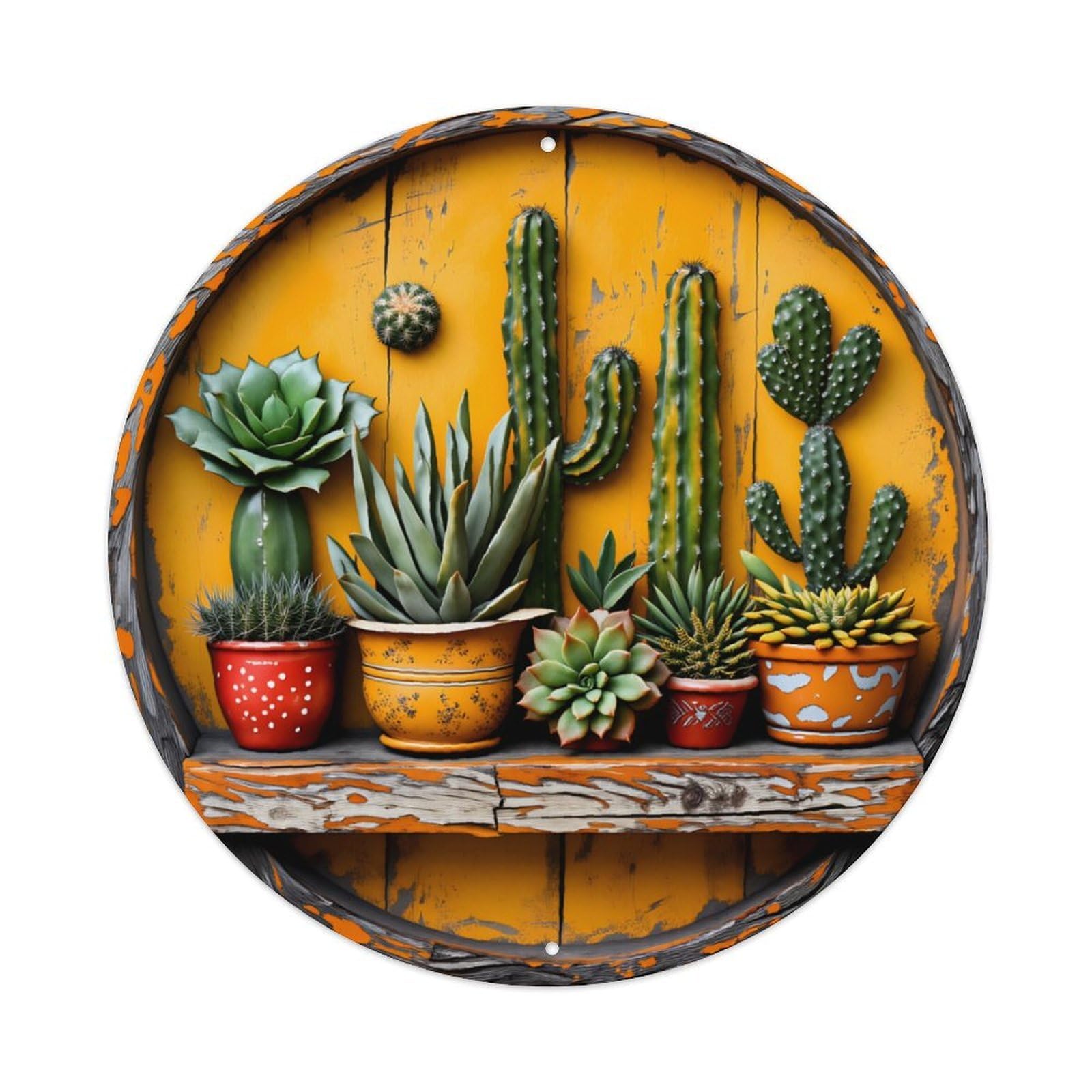 Distressed Orange Wood Cactus Succulent Round Metal Sign Vintage Aluminium Metal Sign, Retro Wall Decor for Home, Bar, Garage & Farmhouse 20x20cm