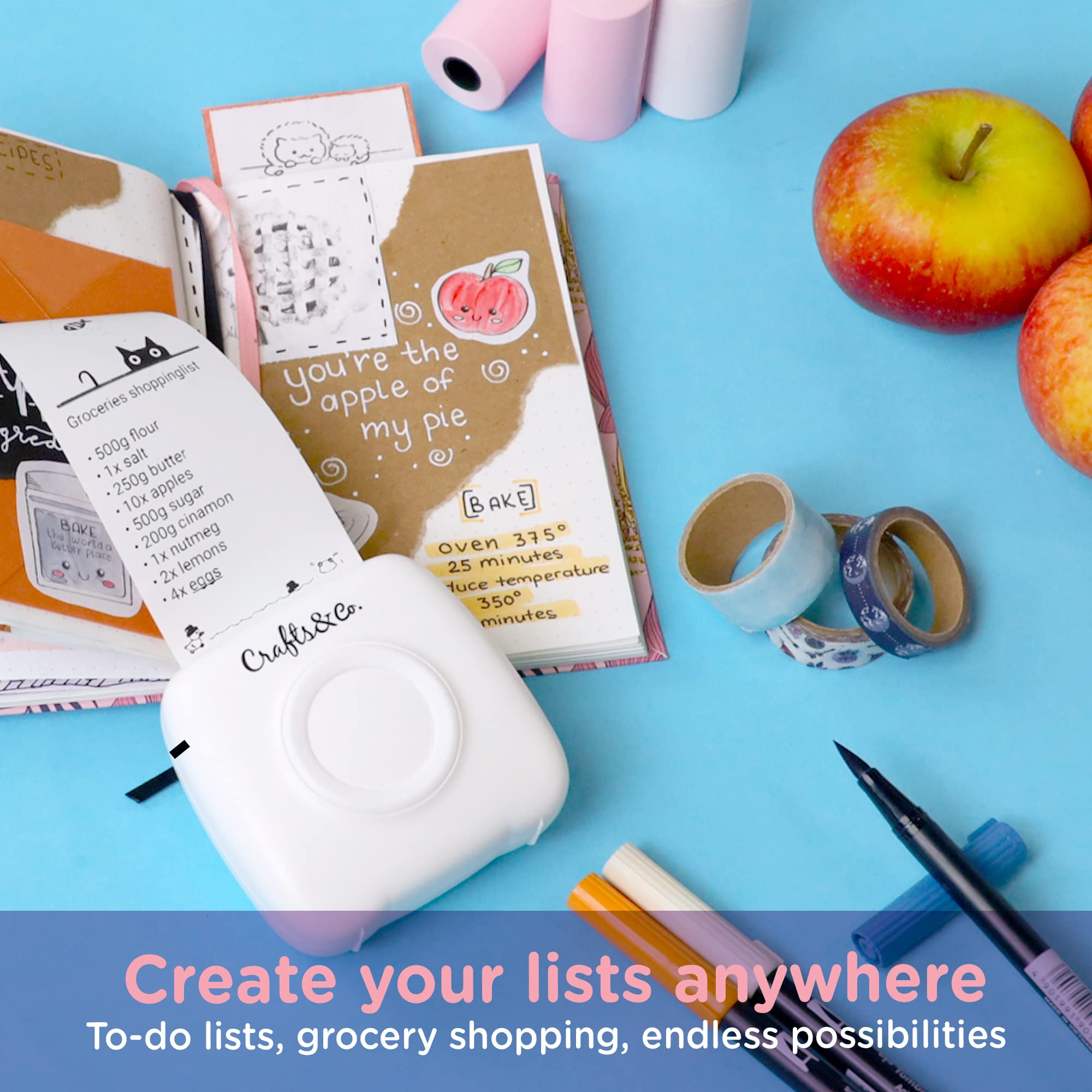 Crafts&Co Przenośna mini drukarka termiczna do smartfonów | Natychmiastowa mini drukarka Bluetooth, drukowanie naklejek, zdjęć, etykiet, zawiera 3 rolki papieru + aplikacja