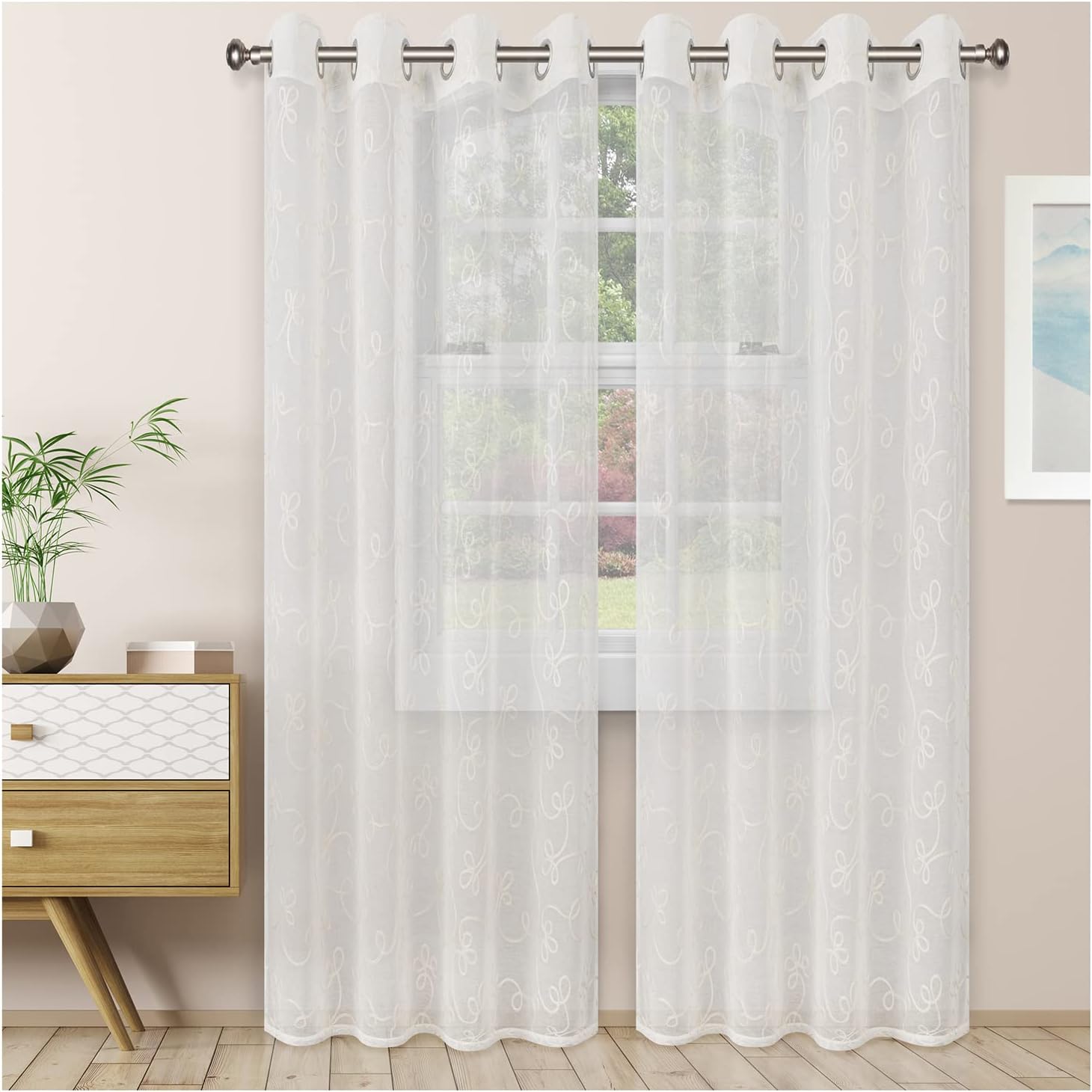 Superior Embellished Poppy Sheer Curtains, Window Accents, Perfect For Natural Light, Modern, Transtitional, Bohemian, Floral Design with Grommets, Curtain Set of 2 Panels, 52" X 84", Lemon Drop
