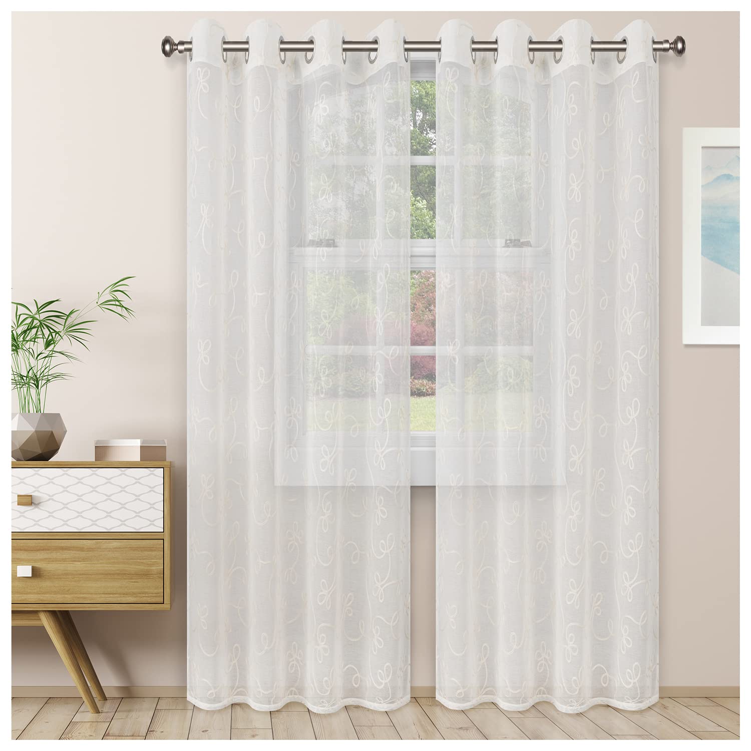 Lightweight Embroidered Scroll Sheer Stainless Grommets Window Treatment Curtain Panel (Set of 2) 52" x 108" - Ivory-image-31