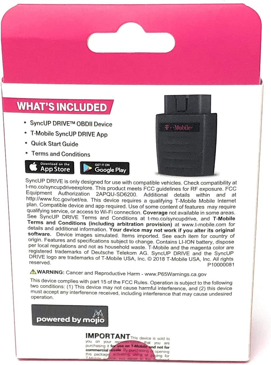 Back of T-Mobile SyncUP DRIVE packaging showing included items