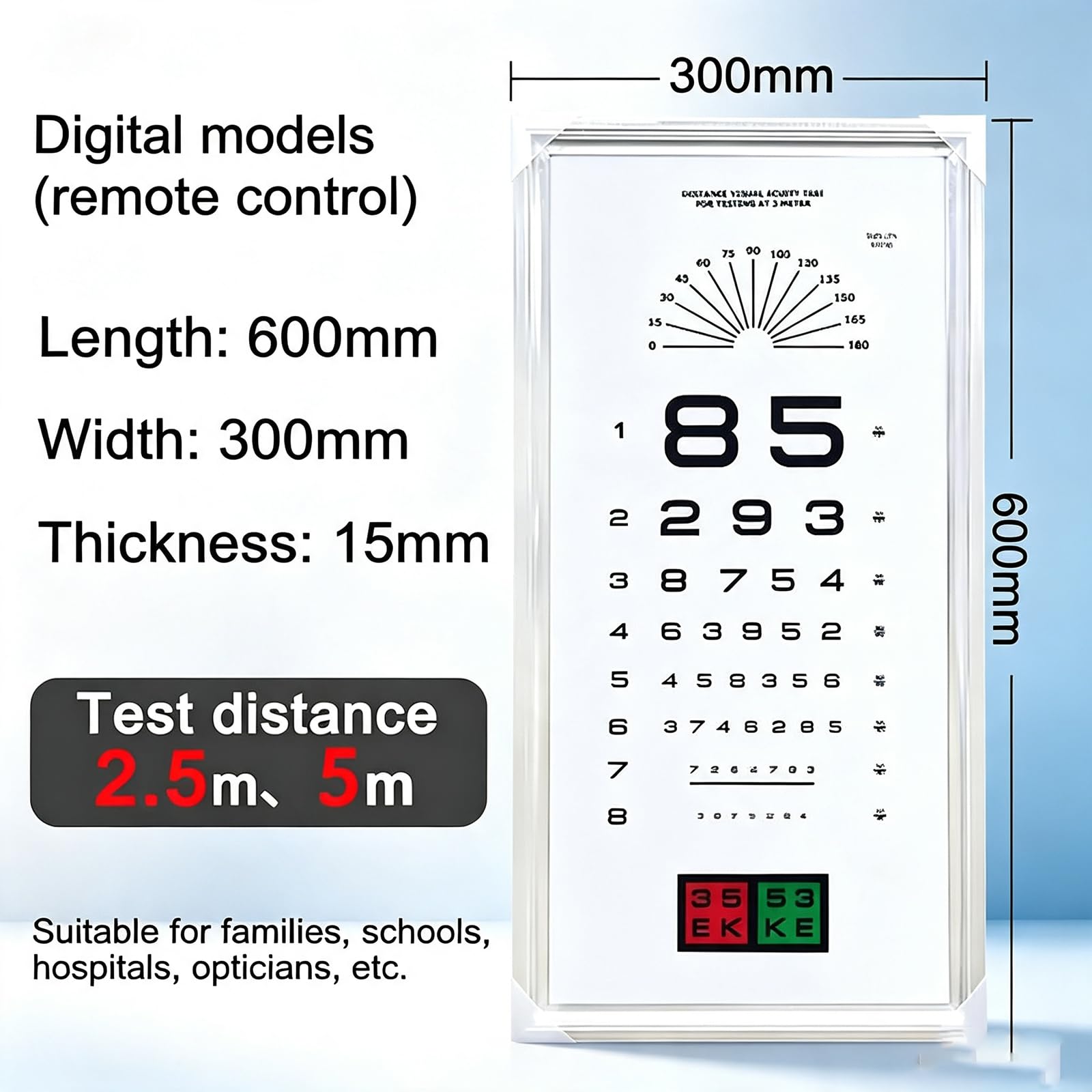 Tabella per La Misurazione Dellacuità Visiva A LED da 30 * 60 Cm, con Telecomando, Stampa UV Ad Alta Definizione, Misurazione della Distanza 2,5/5 M, per Scuole E Ospedali. B