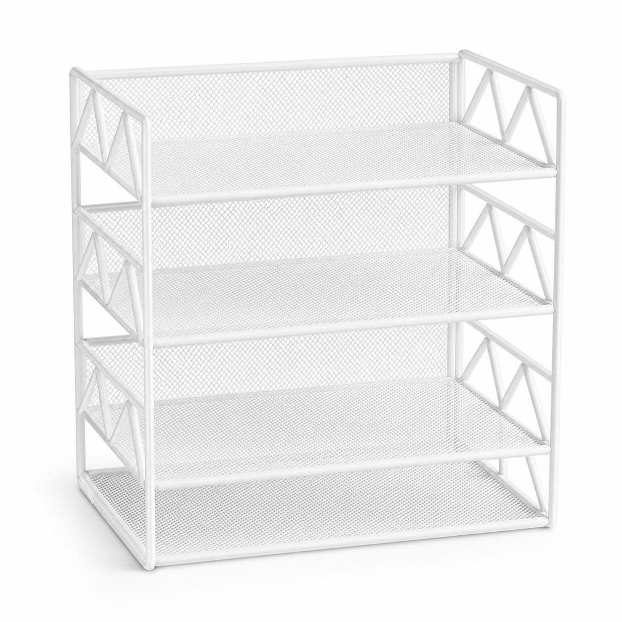 Milageto Portariviste da Ufficio con Struttura a Scaffali per Contenere Fascicoli E Materiale Cartaceo Organizzatore da Tavolo con Design Salvaspazio E, Bianco, 4 strati, orizzontale, 33 * 26 * 36 cm
