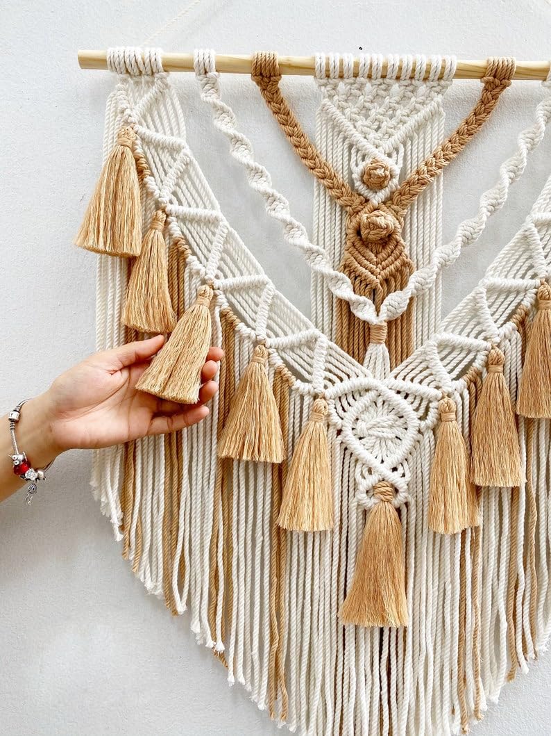HARWAVE Boho Macrame Wall Hanging & Wall Decor, Cotton Handmade Tapestry with Tassel, Woven Macrame Wall Art for Decorating Bedroom Living Room Apartment Nursery (Brown)