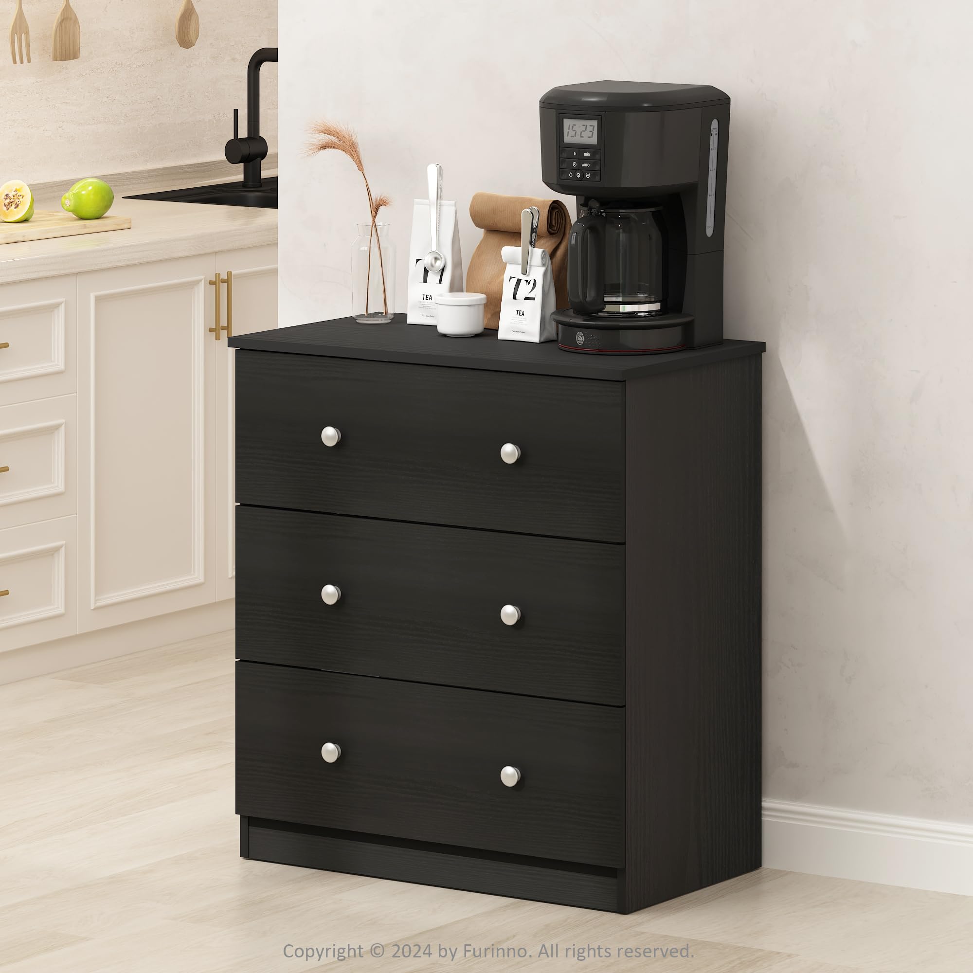 Furinno HERMITE Coffee Bar, 3-Drawer Pantry Organizers, Kitchen Cabinet, Sideboard, Kitchen Storage, for Kitchen Pantry Organizers and Storage, Americano