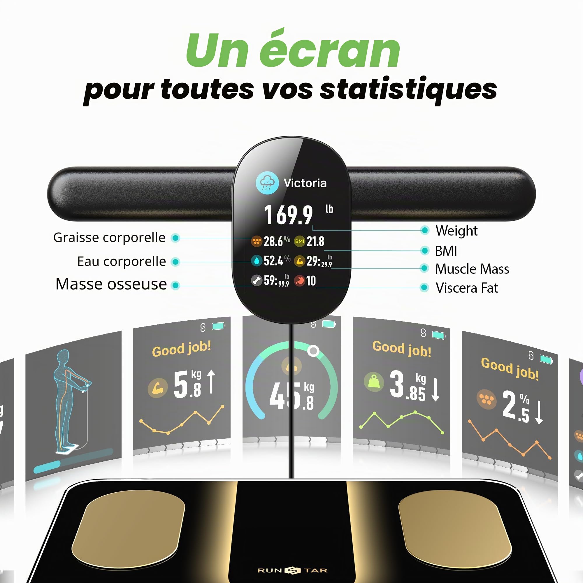 RunSTAR Balance Pese Personne Intelligent, Pèse Personne avec 8 Électrodes, IMC, Masse Grasse, 28 Mesures Corporelles, Écran TFT Couleur avec Poignée Rétractable