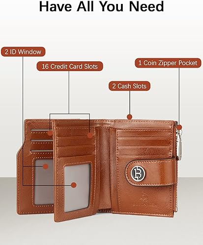 Miniatura 2 de BOSTANTEN Cartera de cuero para mujer, pequeña, con bloqueo RFID, bolsillo con cremallera, tarjetero con ventana de identificación, 1- marrón