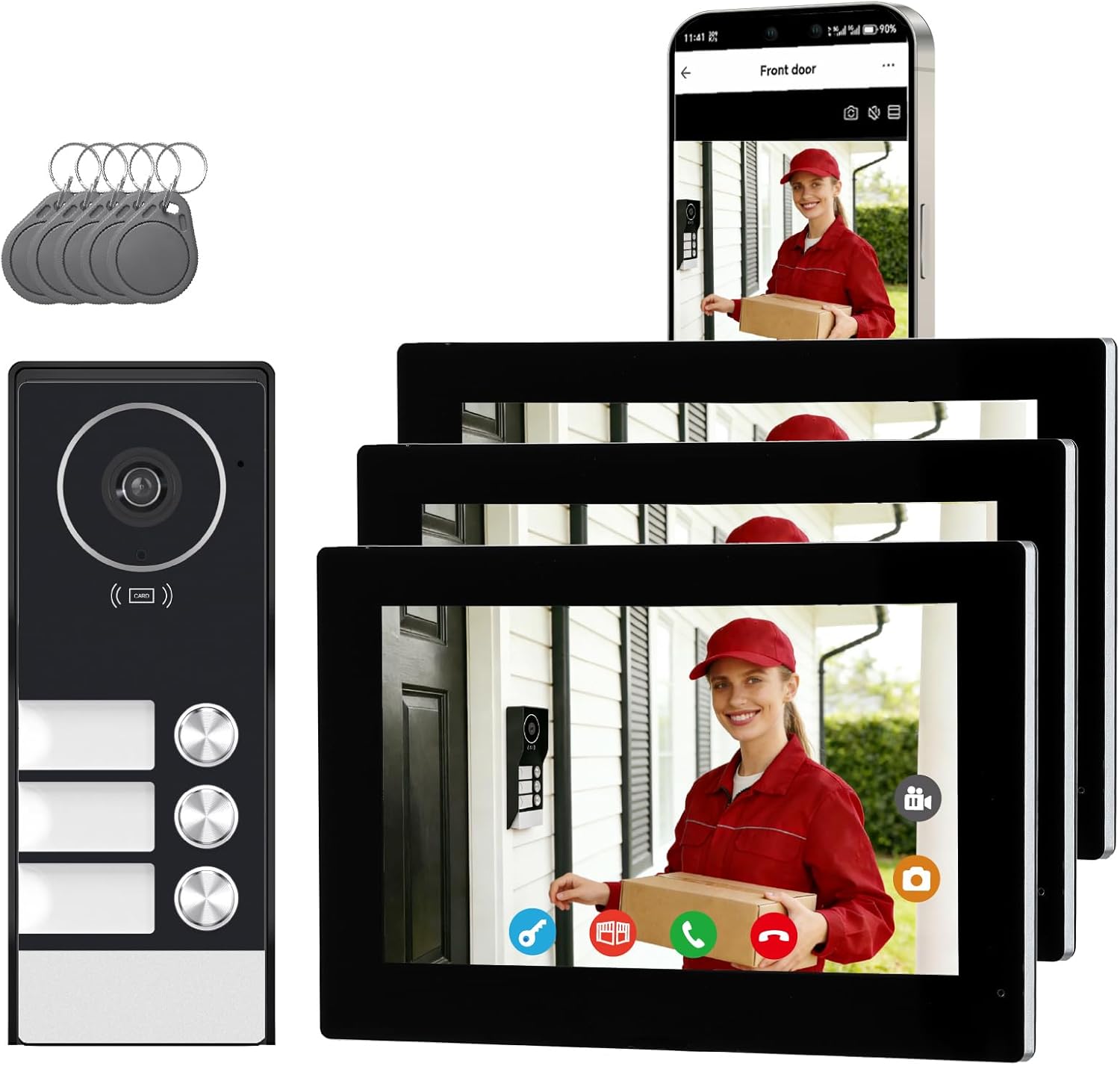 Video Türsprechanlage für 3 Familienhaus, 2-Draht,3X 7 Zoll Monitor & App - Smarte Video Türklingel mit Kamera & Gegensprechanlage, RFID, 2-Wege-Audio KW08-IP7-3F