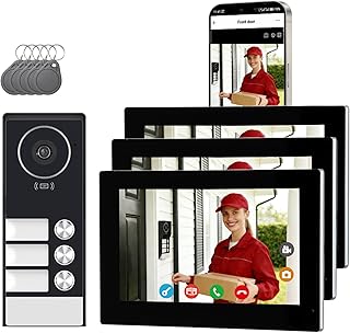 Video Türsprechanlage für 3 Familienhaus, 2-Draht,3X 7 Zoll Monitor & App - Smarte Video Türklingel mit Kamera & Gegensprechanlage, RFID, 2-Wege-Audio KW08-IP7-3F