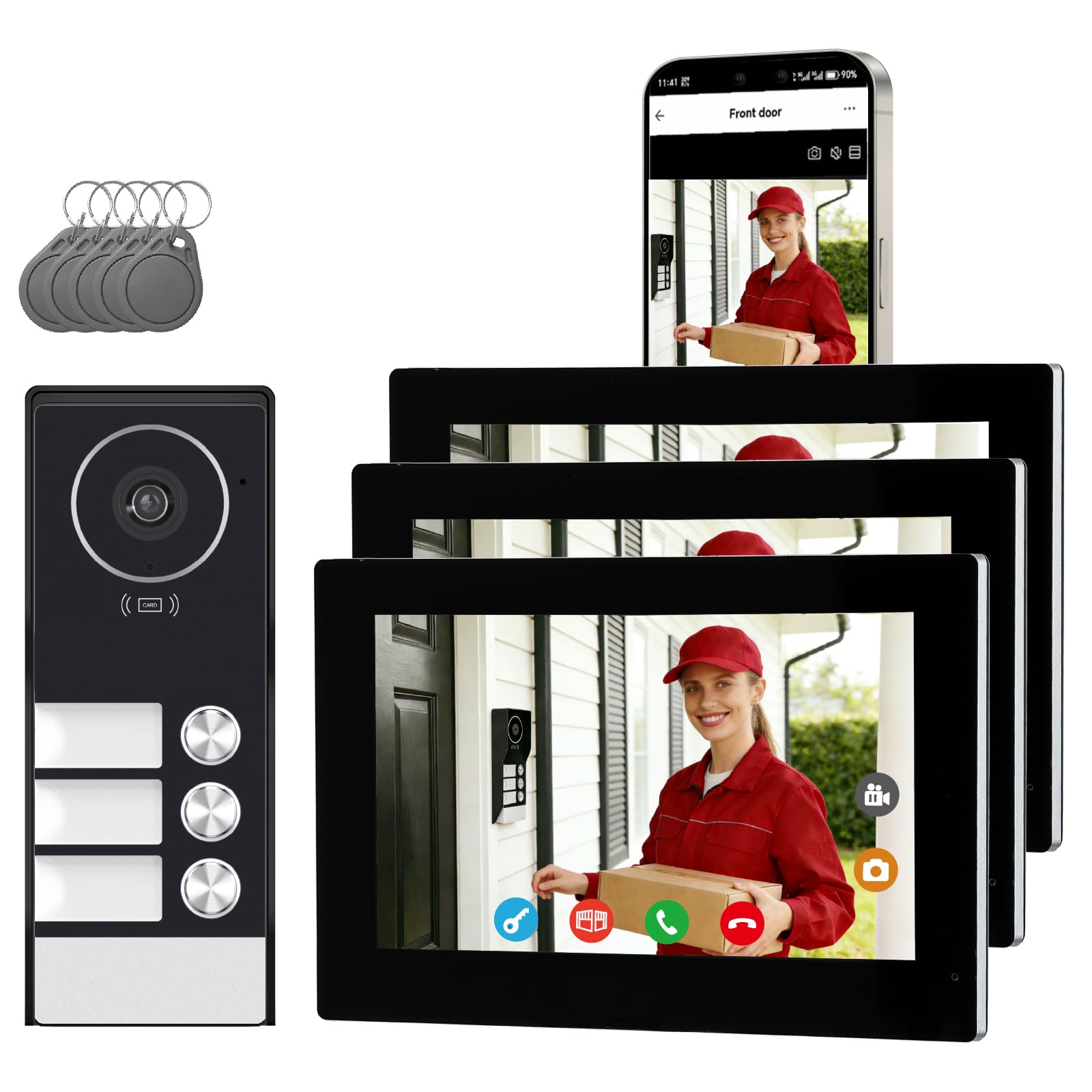 Sistema de Videoportero con 3 Monitores Táctiles de 7 Pulgadas,Video Portero automatico 2 Hilos, Visión Nocturna, Desbloqueo en Remoto, WiFi 2.4/5 GHz, Kit para 3 familias