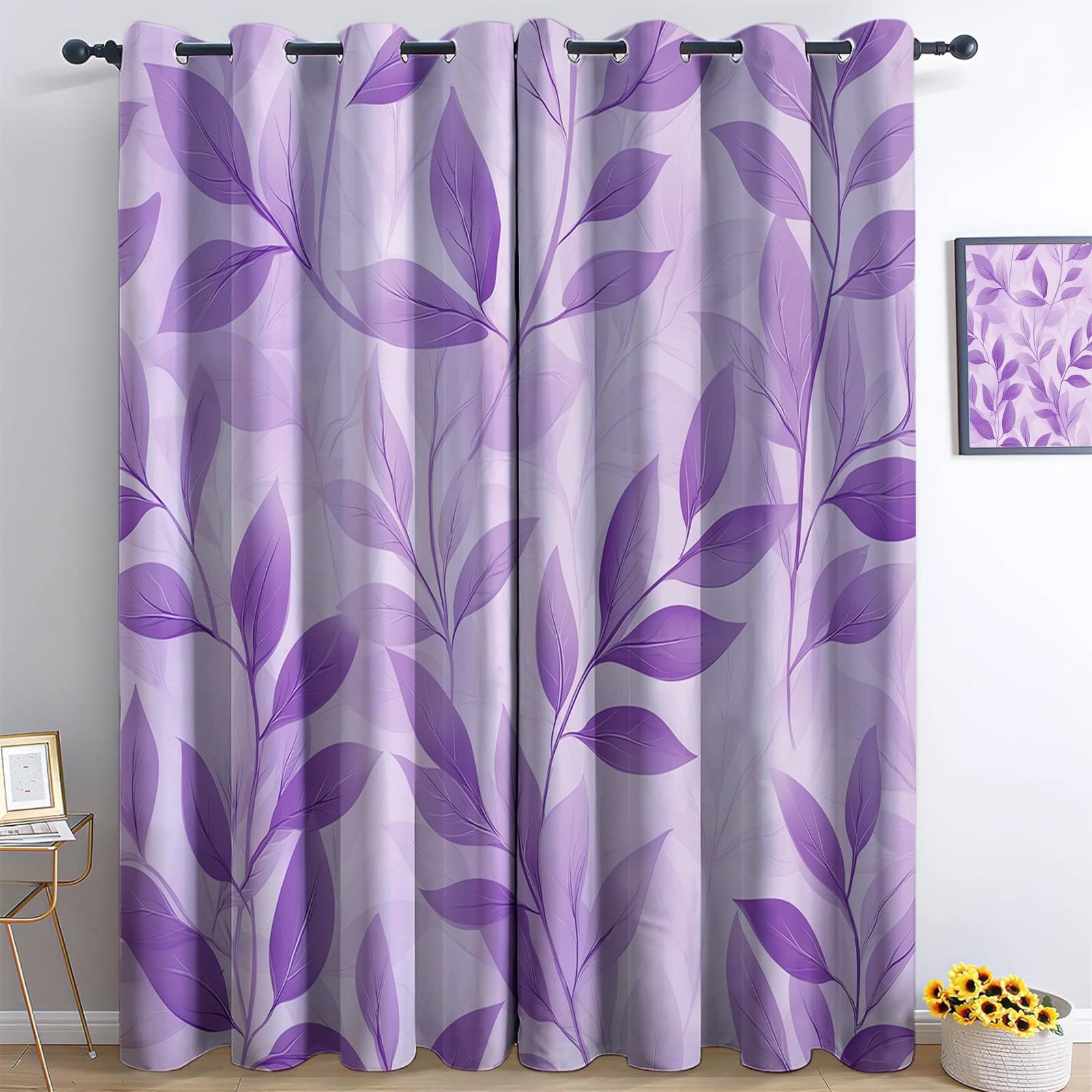 Cortina Opaca 70An x 145Al cm (2 Paneles) Cortinas Planta Hojas De Lavanda Cortinas con Ojales Estampados para Dormitorio salón habitación Infantil, Lila Cortinas Estampadas Decorativas