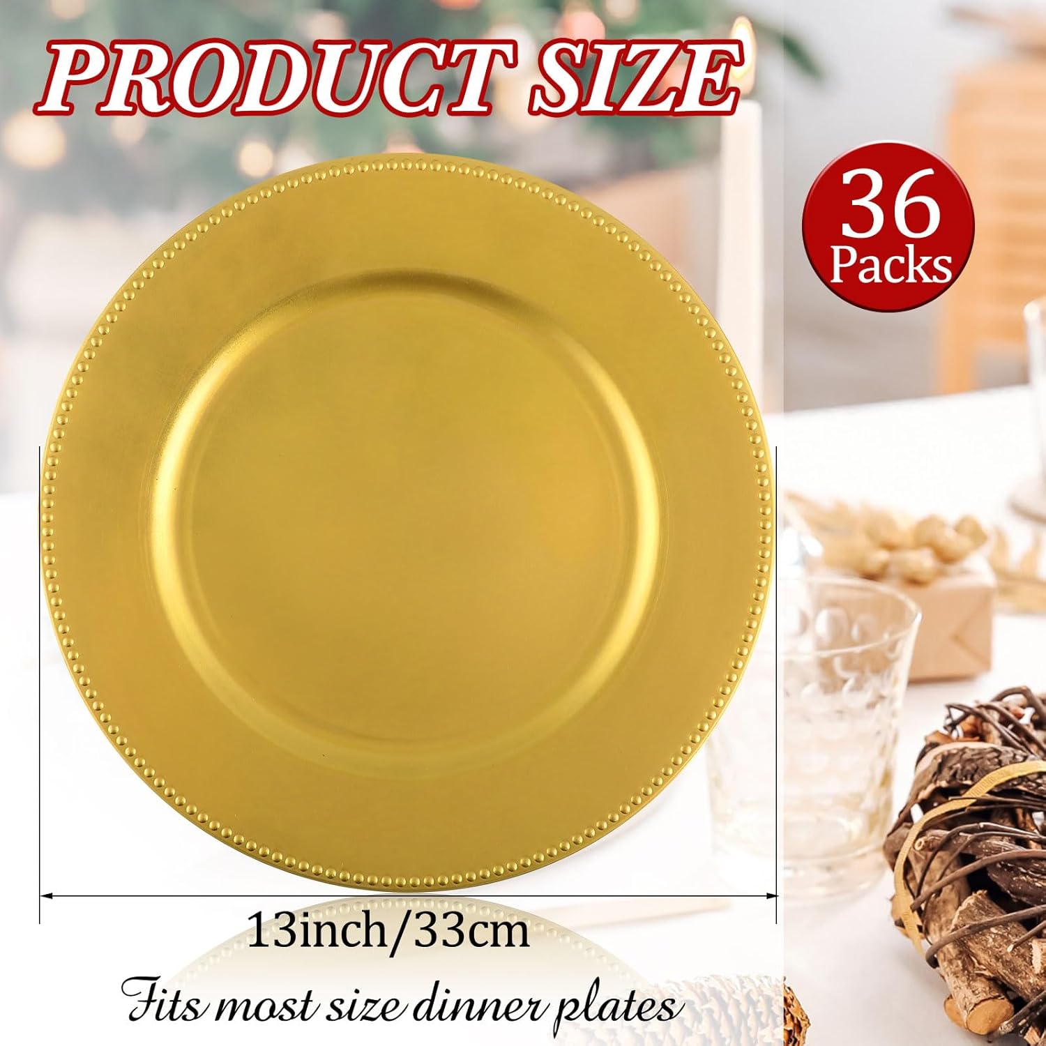 Jinei 36 Pack Gold Charger Plates 13 Inch Plastic Beaded Round Charger Plates Wedding Table Decoration Reusable Dinner Plate Tray for Birthday Party Holiday Event