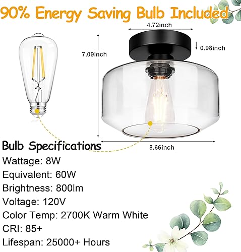 Miniatura 8 de Lámpara de techo industrial semiempotrada, bombilla LED de 800 lúmenes incluida, lámpara de techo de pantalla de vidrio transparente, accesorio de