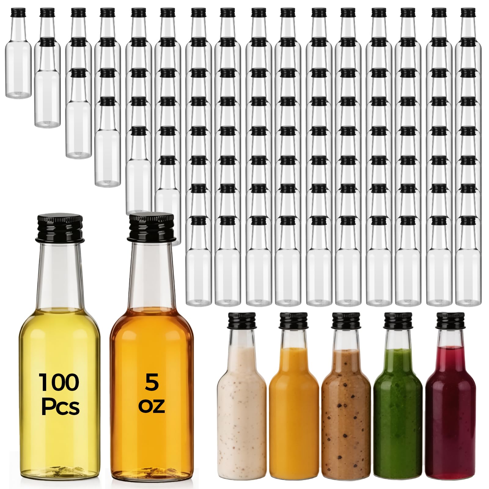 Flojudo 100 Pcs 5 oz Plastic Hot Sauce Bottles, Clear Plastic Woozy Bottles with Leakproof Black Screw Caps, Empty Mini Bottle for Sauce, Syrup, Juice, Liquor