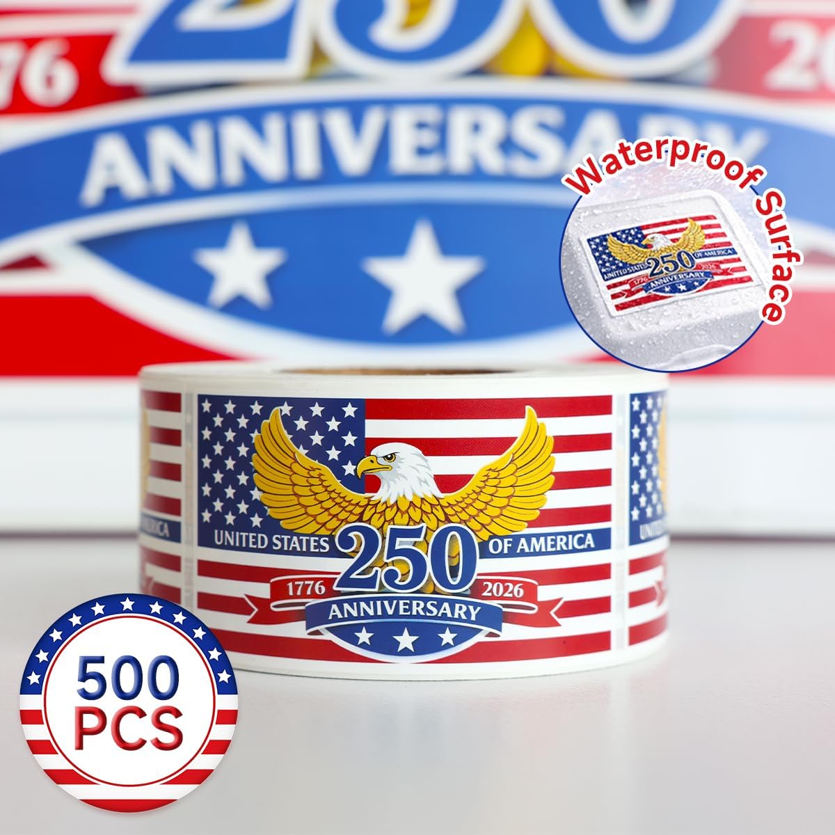 500 PCS 2.75"x1.57" Patriotic 250th Independence Anniversary Stickers Roll American Flag Waterproof Decals Strong Adhesive Labels for Water Bottles Laptops 4th of July Party Decorations image 2