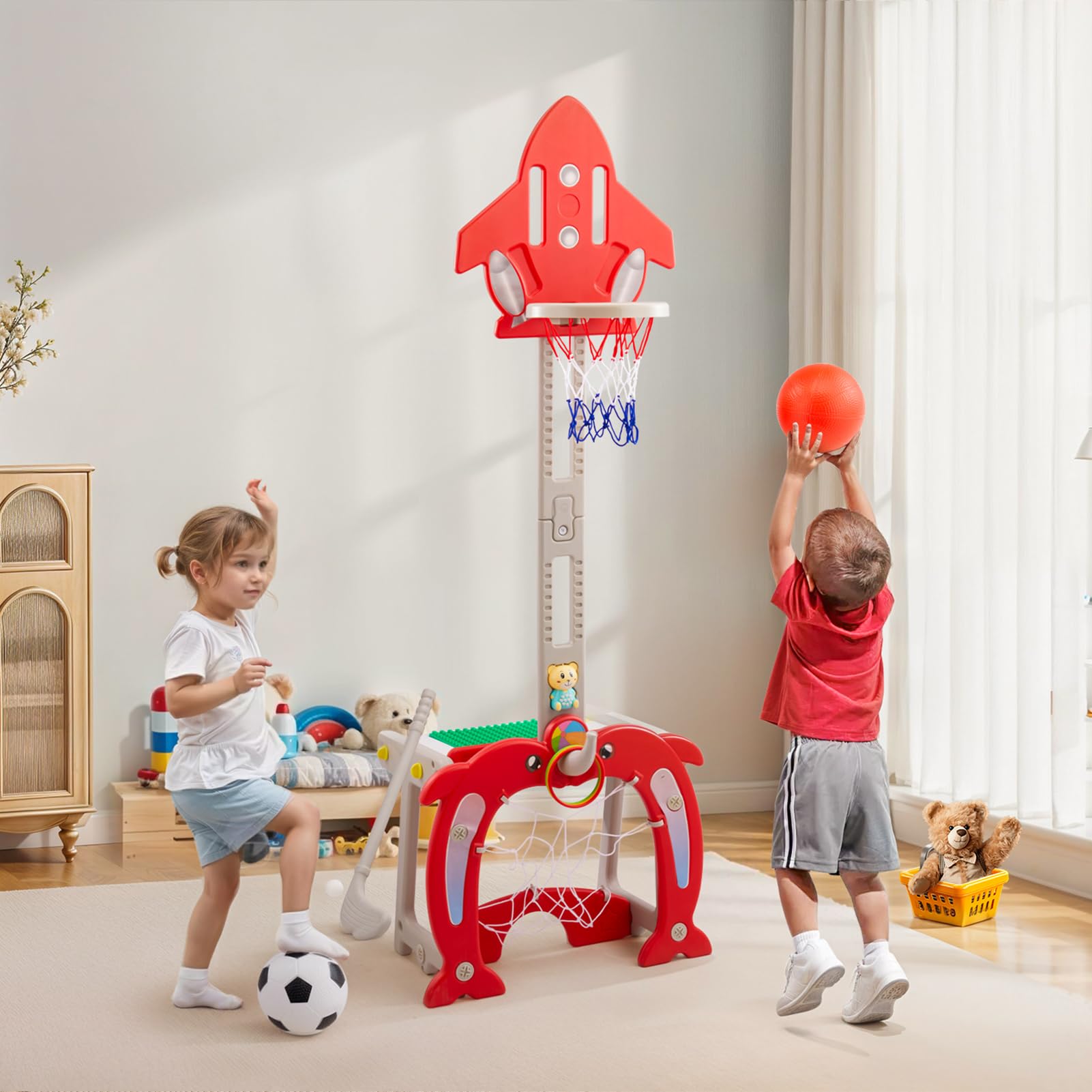 Basketball Hoop Indoor for Kid Height Adjustable Basketball Hoop and Stand Outdoor Children Football and Basketball Set with Football Goal, Ring Toss, Music & Story Player (Red)