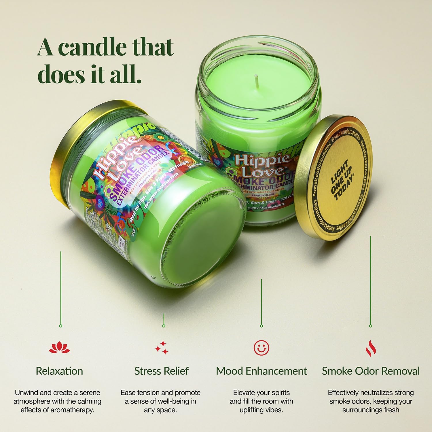 Hippie Love Smoke Odor Exterminator 13oz Jar Candle,