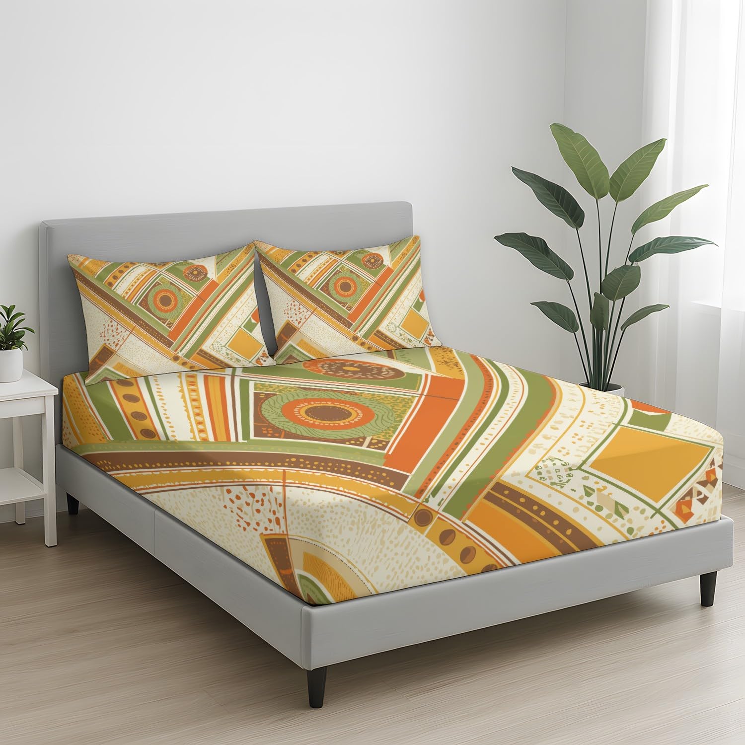 Boho Geometrisch Spannbetttuch Elegant Raute Dreieck Spannbettlaken 140 x 200 x 30 cm 3teilig Mikrofaser Bettwäsche Set mit 2 Kissenbezüge 80 x 80 cm Kein Flachbettlaken