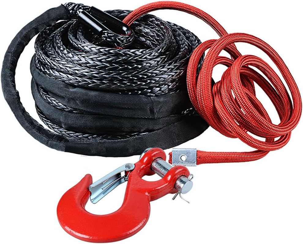 92' x 1/2" Breaking Strength 22000lbs Black Synthetic Fiber Winch Rope Line Cable with Protective Sleeve + Red Heavy Duty Steel Recovery Towing Hook for Car Truck 4x4 Pick-up SUV