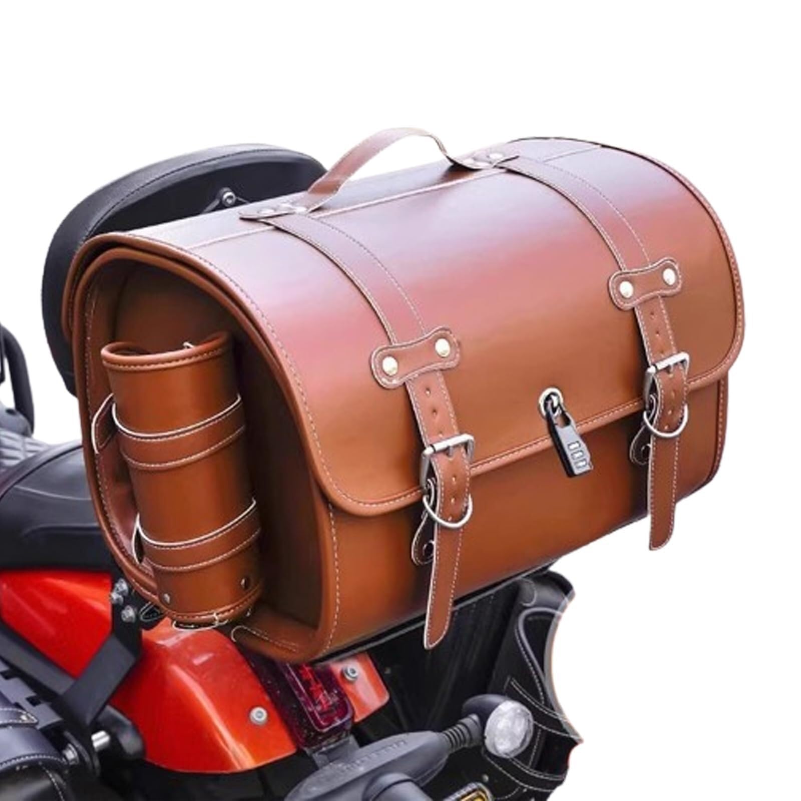 Torba na tylne siodełko motocyklowe 1 sztuka | Wodoodporna skóra i tkanina, duża przestrzeń, kieszenie boczne, łatwy montaż, bezpieczne zamknięcie. Brązowy