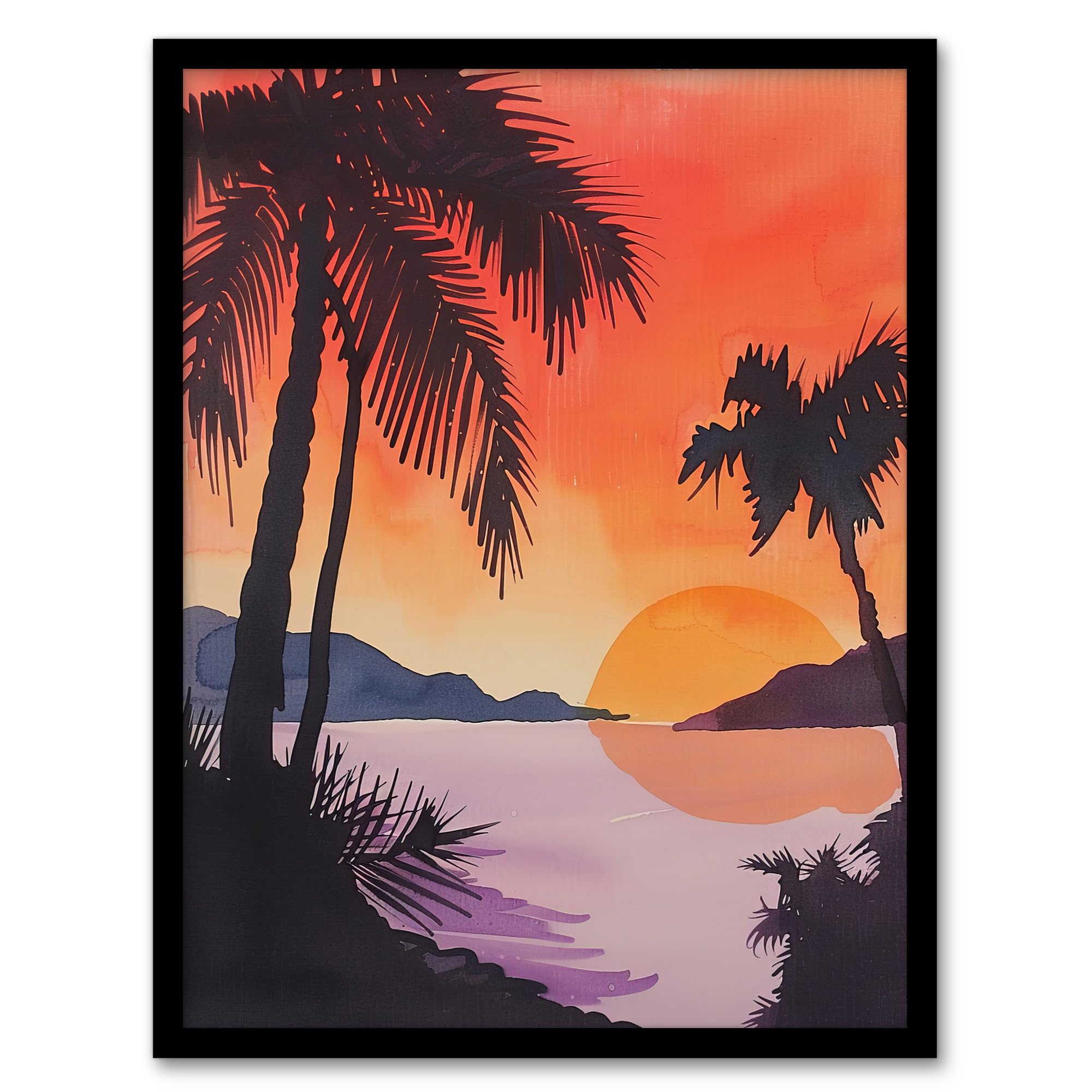 Artery8 Hawaii Sunset Beach Cove Palm Trees Watercolour Living Room Artwork Framed Wall Art Print A4